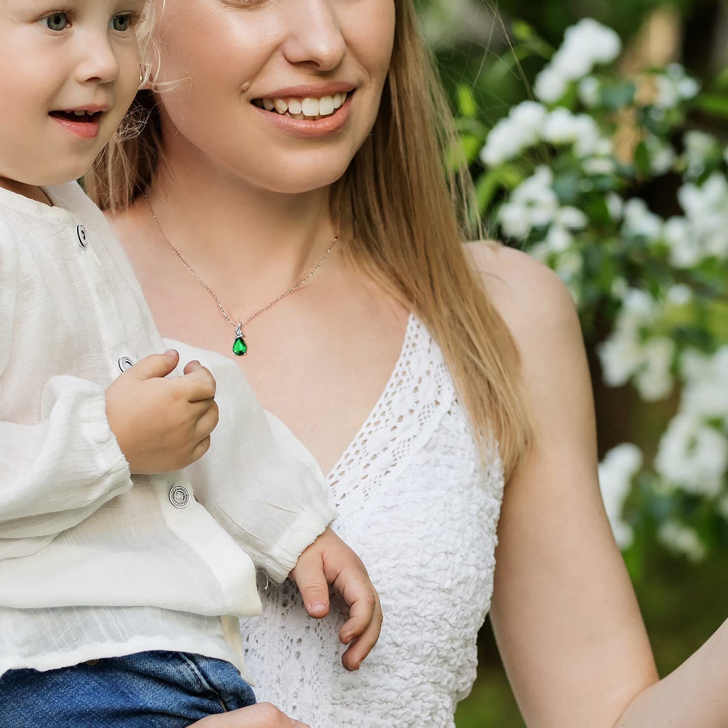 14K Solid White Gold Birthstone Pendant Necklace for Women - Pear Shaped Diamond Teardrop Necklace | Personalized Birthday Gift for Mom | Sterling Silver Chain 16