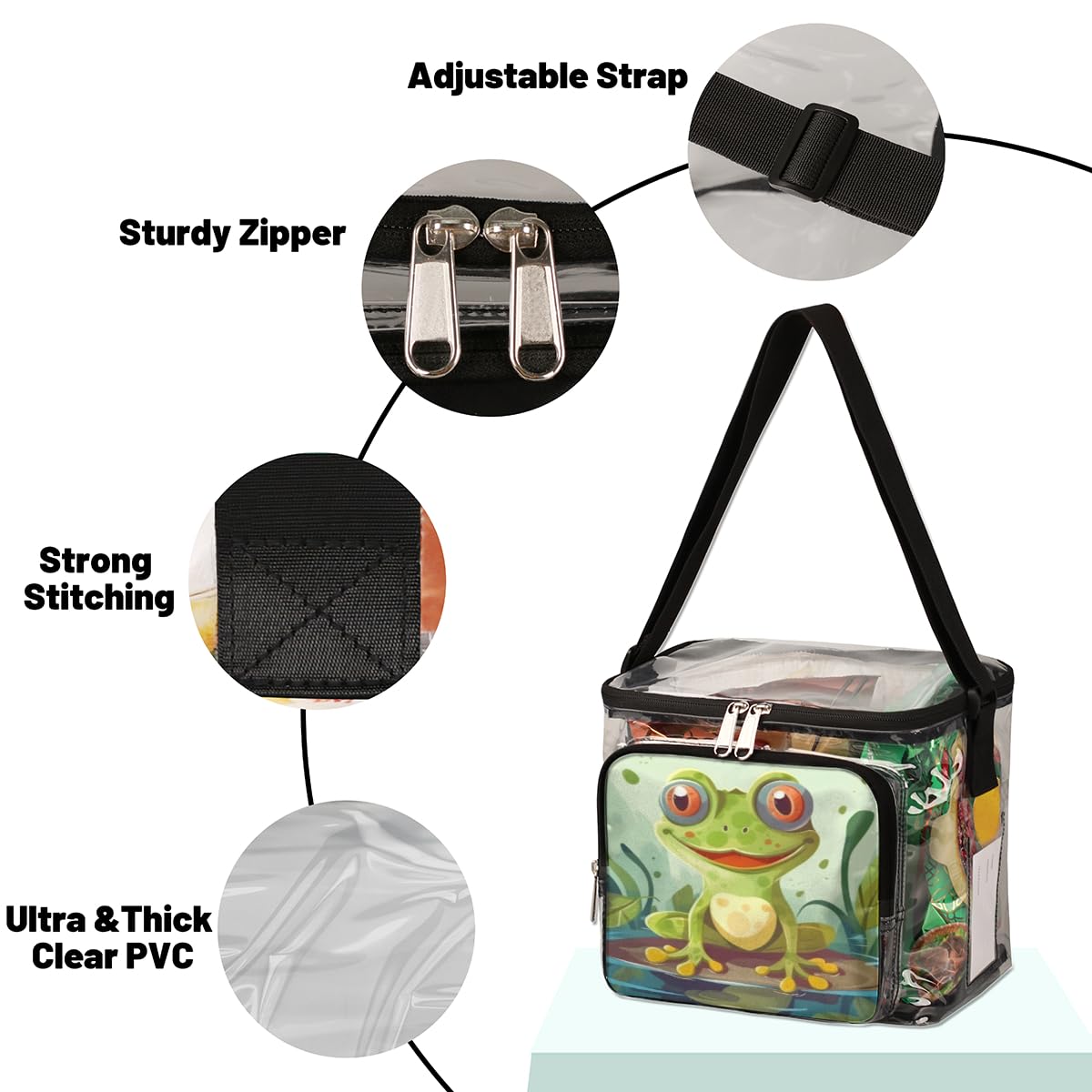 Cute Frog Transparent Tote Bag with Handles - Clear Crossbody Shoulder Lunch Bag for Women & Teens | Perfect for Outdoor, Travel, Picnic, Concerts, Sports Events & Stadium Approved | Waterproof & Lightweight for Daily Use, Shopping, Beach & School