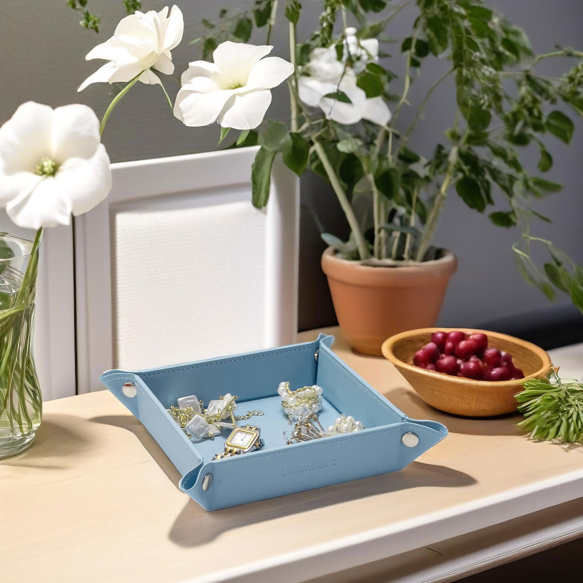 UnionBasic Valet Tray - Jewelry Organizer for Rings, Watches & Earrings | Entryway Catchall for Keys, Coins & Change | Nightstand & Bedside Storage Tray | Electronic Gadgets Holder (Blue) - Perfect for Home, Office & Travel Organization