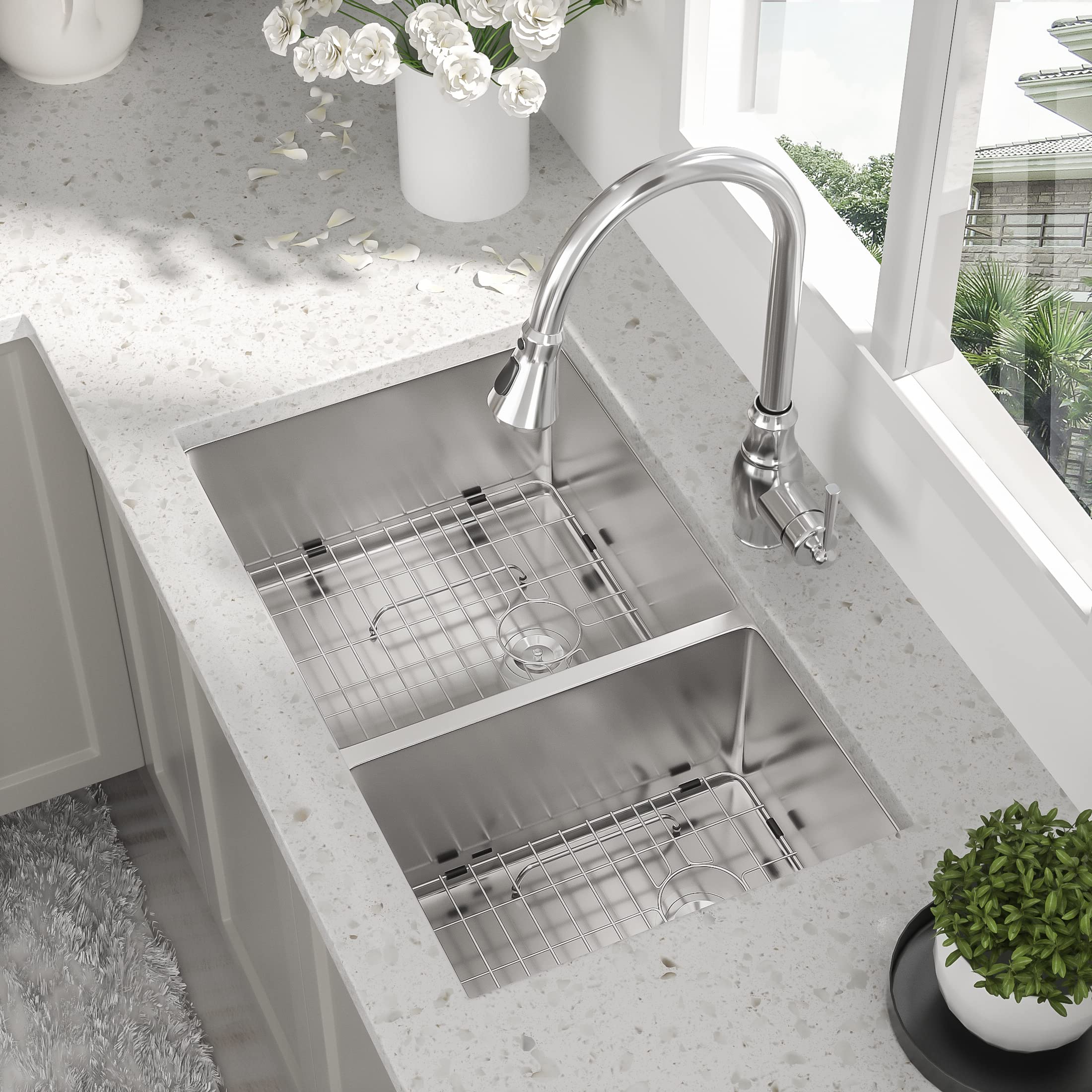 33x19x10 Inch 60/40 Undermount Double Bowl Kitchen Sink - 16 Gauge Stainless Steel for Modern Home Cooking & Cleaning