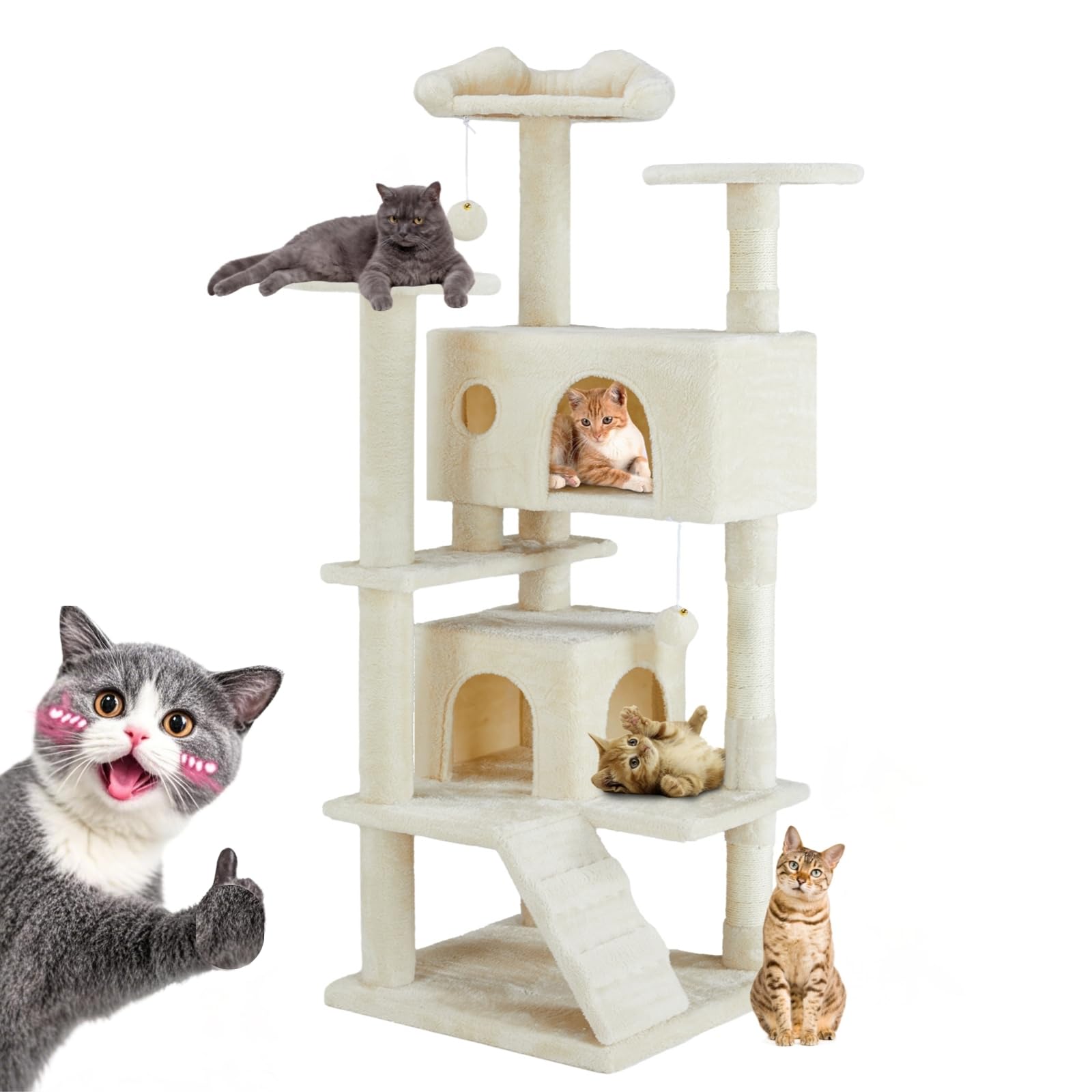 FluffyDream 54-Inch Multi-Level Cat Tree Tower for Indoor Cats - Large Cat Condo with Sisal Scratching Posts, Playhouse & Perches for Kittens & Adult Cats (Beige) | Perfect for Small Spaces, Apartments & Multi-Cat Households