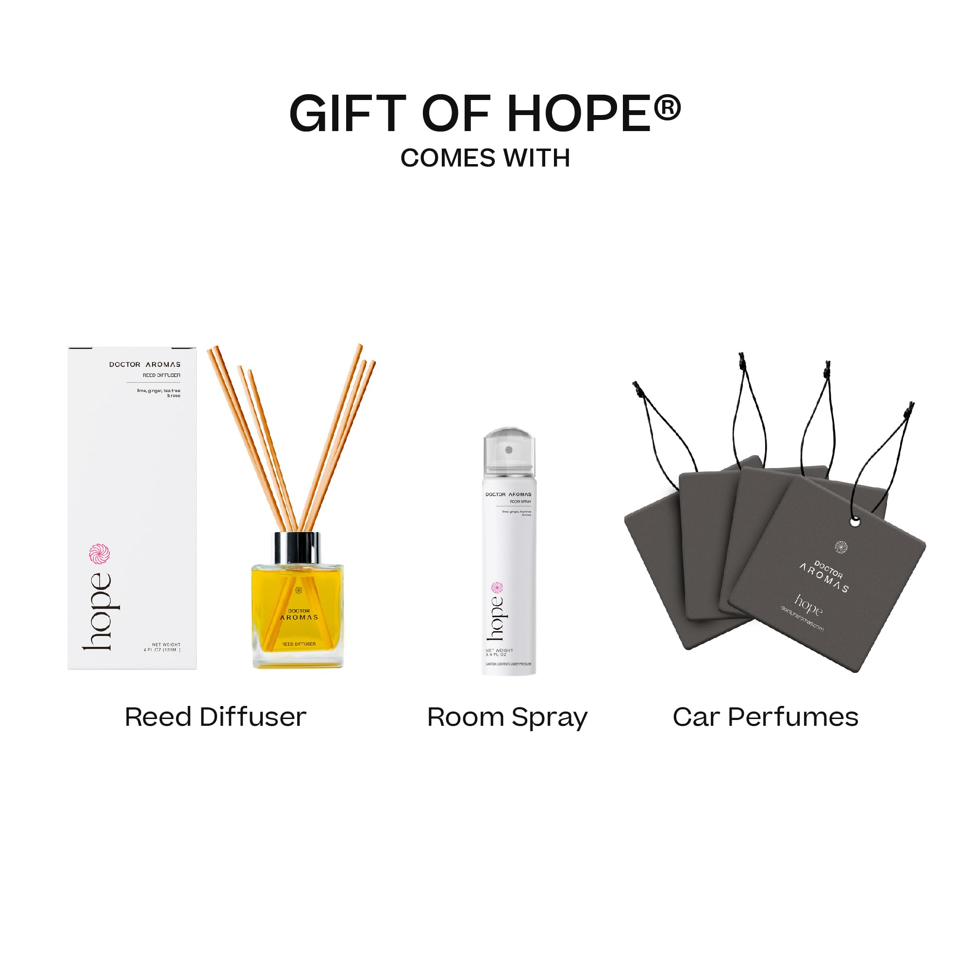 Doctor Aromas Gift of Hope Essential Oil Set - Reed Diffuser, Room Spray & 4 Car Fresheners | Natural Aromatherapy Kit for Home, Office & Car | Stress Relief & Air Freshening Gift Set