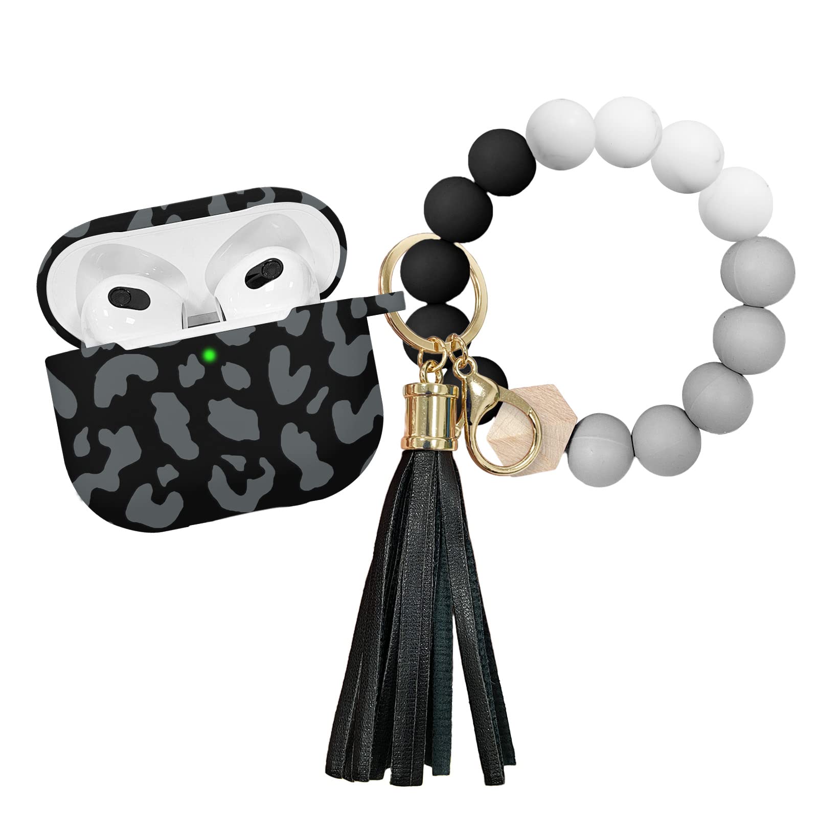 Cute AirPods 3 Case Cover with Beaded Bracelet Keychain - Soft Silicone Protective Case for AirPods 3rd Generation (2021) - Trendy Black Leopard Design for Women & Girls - Perfect for Travel, Workouts, and Everyday Use