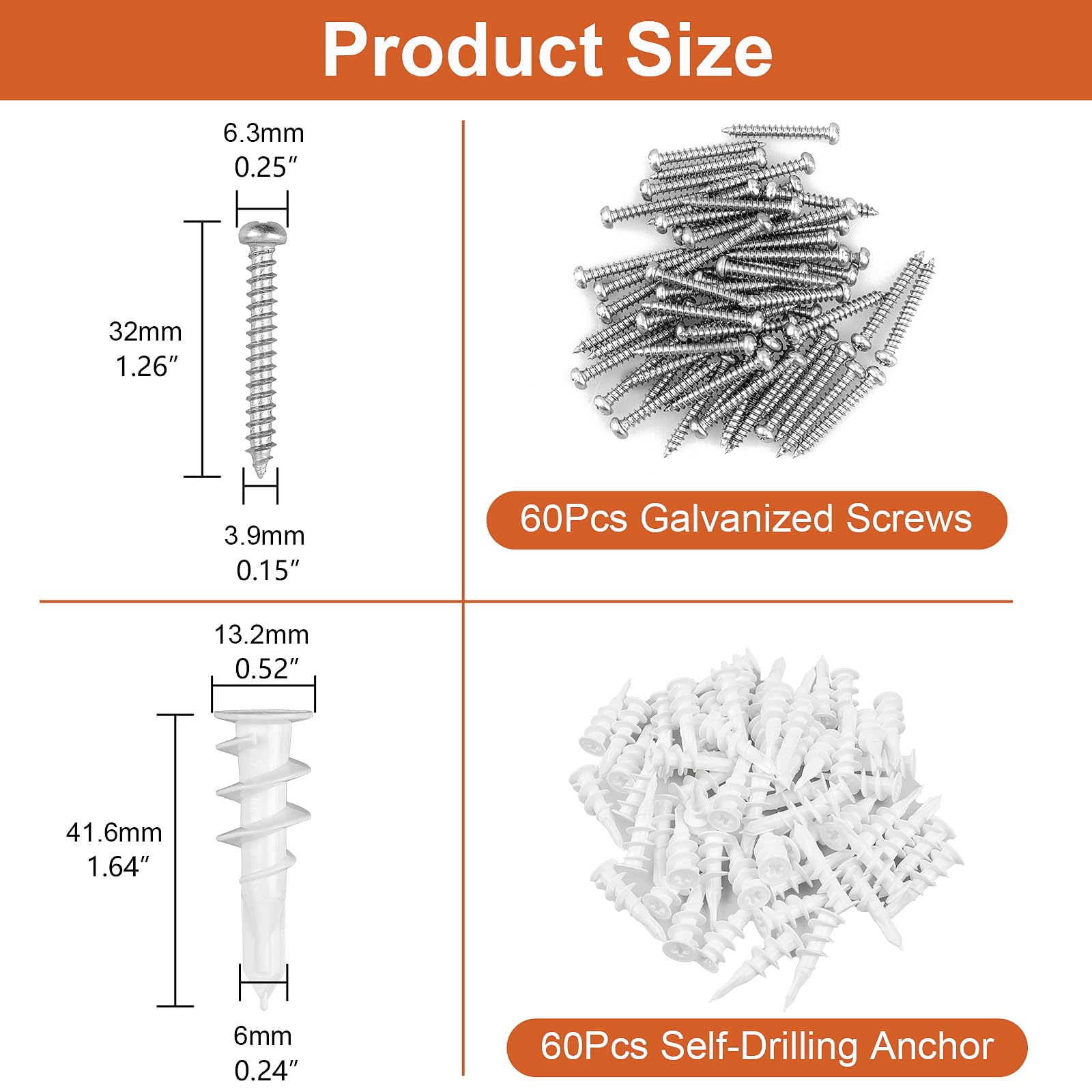 120pcs #8 Self Drilling Drywall Anchors Kit - Heavy Duty 70lb Wall Mounting Screws & Plastic Sheetrock Anchors for Hanging Pictures, Shelves & Home Decor - Includes 60 Self-Tapping Threaded Anchors & 60 #8x1-1/4 Screws
