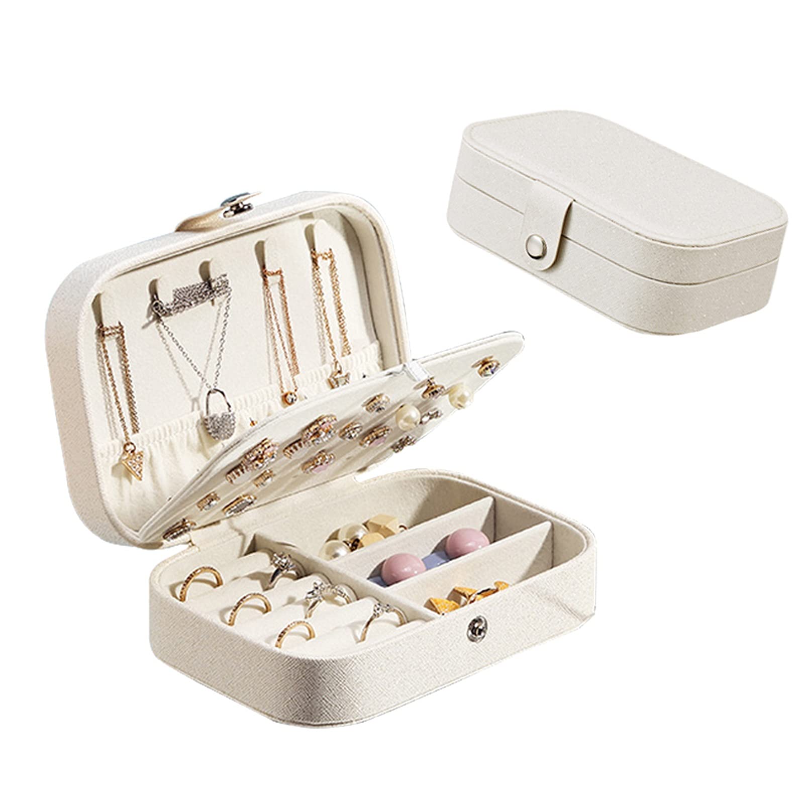 Portable Travel Jewelry Box - Soft PU Leather Dustproof Storage Organizer for Bracelets, Necklaces, Rings & Earrings - Double Layer White - Perfect for Home, Travel & Gift Presentation
