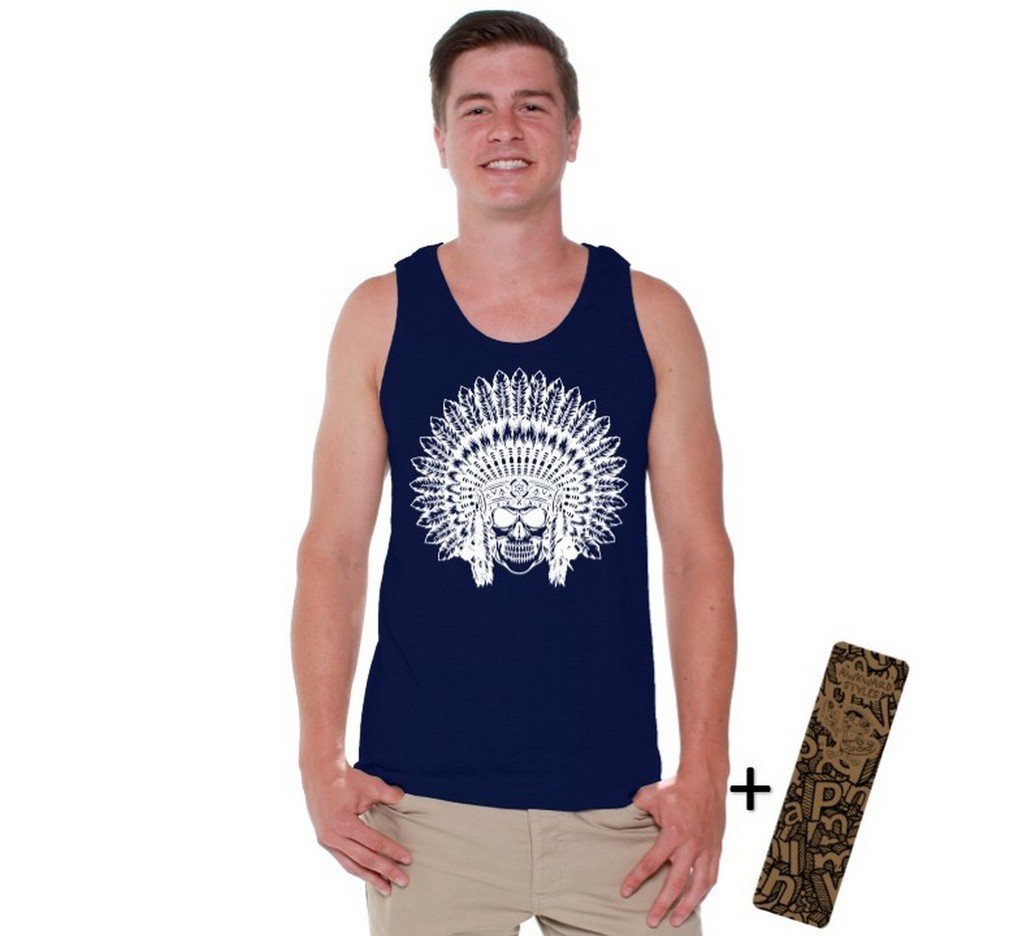 Awkwardstyles Men's Headdress Graphic Tank Top - White Indian Sugar Skull Design | Cool Casual Summer Tee for Music Festivals & Streetwear Outfits