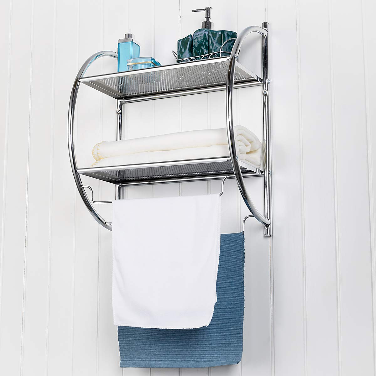Tangkula 2-Tier Wall Mounted Bathroom Shelf with Bars - Rustproof Chrome Over Toilet Organizer for Bathroom, Kitchen & Living Room - Space Saving Storage for Towels, Toiletries & Decor