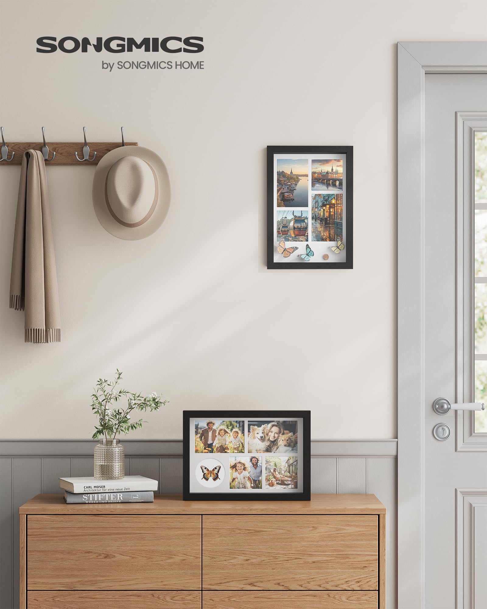 SONGMICS 1.3-Inch Deep Shadow Box Frame - Wooden Memory Display Case for Wall & Desk Decor with 4 Push Pins, 3 Mats & 2 Non-Trace Nails - Perfect for Photos, Memorabilia & Gifts (Ash Black) - Ideal for Home, Office & Wedding Display