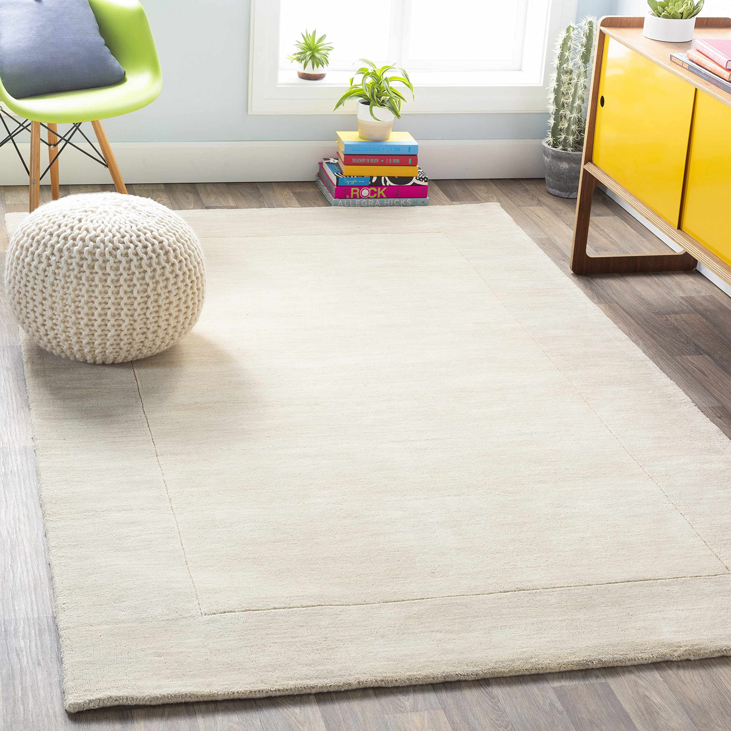 Hauteloom Ronkonkoma Wool Area Rug for Living Room & Bedroom - Solid Beige with Border - 8' x 11' - Soft & Durable - Perfect for Cozy Home Decor
