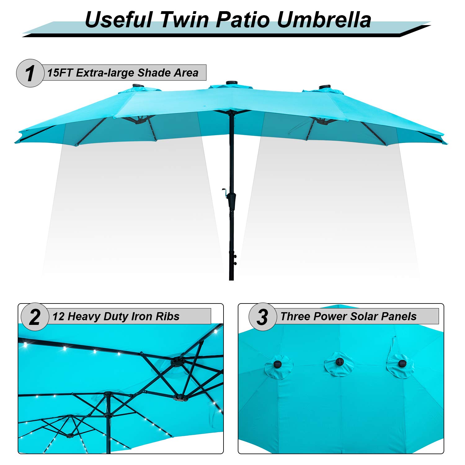 GDY 15Ft Solar Powered Patio Umbrella with 48 LED Lights - Double-Sided Outdoor Market Umbrella for Table, Aluminum Pole & Base Included (Blue) - Perfect for Backyard, Garden, Poolside & Outdoor Dining Areas