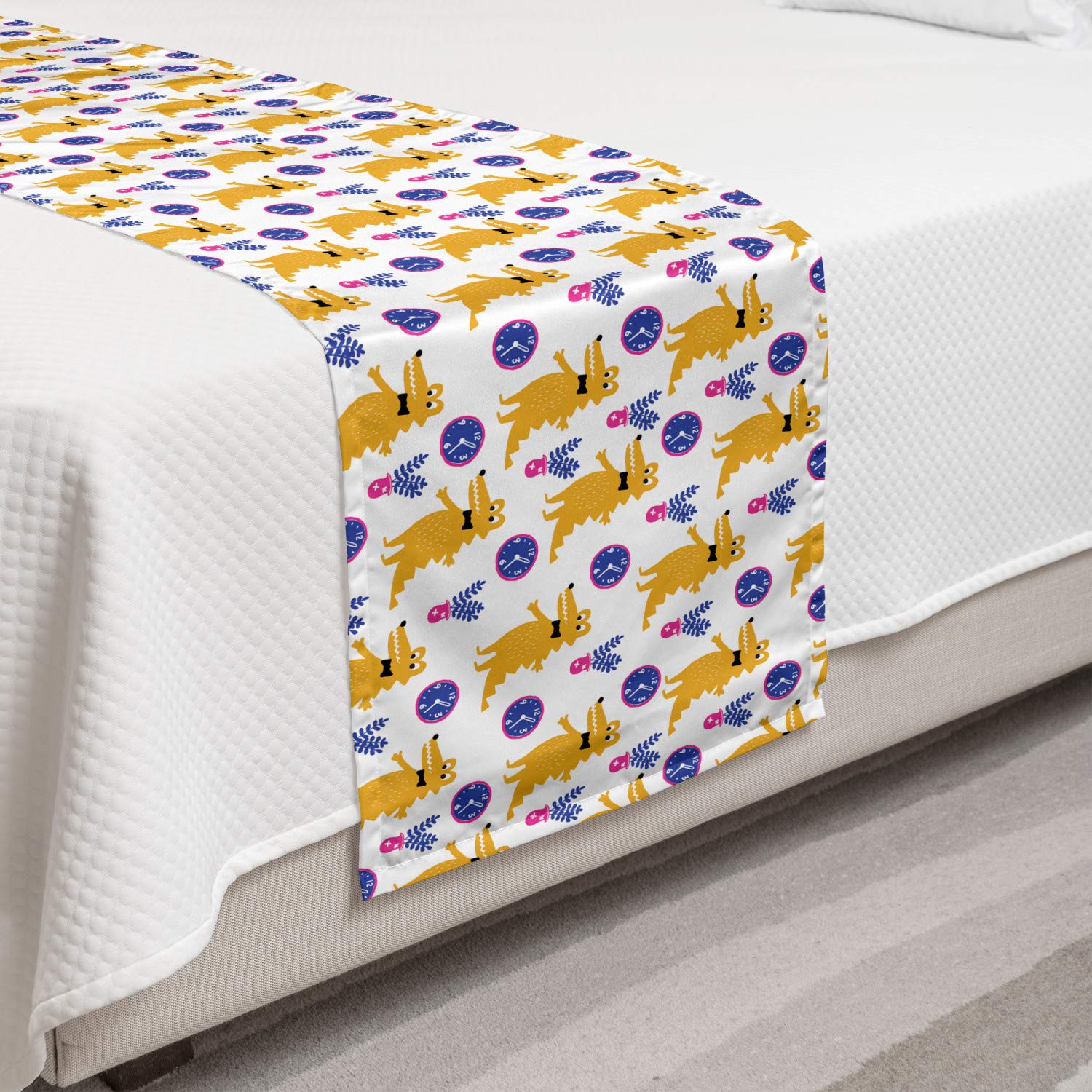 Ambesonne Crocodile Pattern Bed Runner - Modern Clock & Vase Design Decorative Bed Scarf for Hotels, Homes & Guest Rooms - Violet Mustard White | Perfect for Bedroom Decor, Sofa Cover & Table Runner