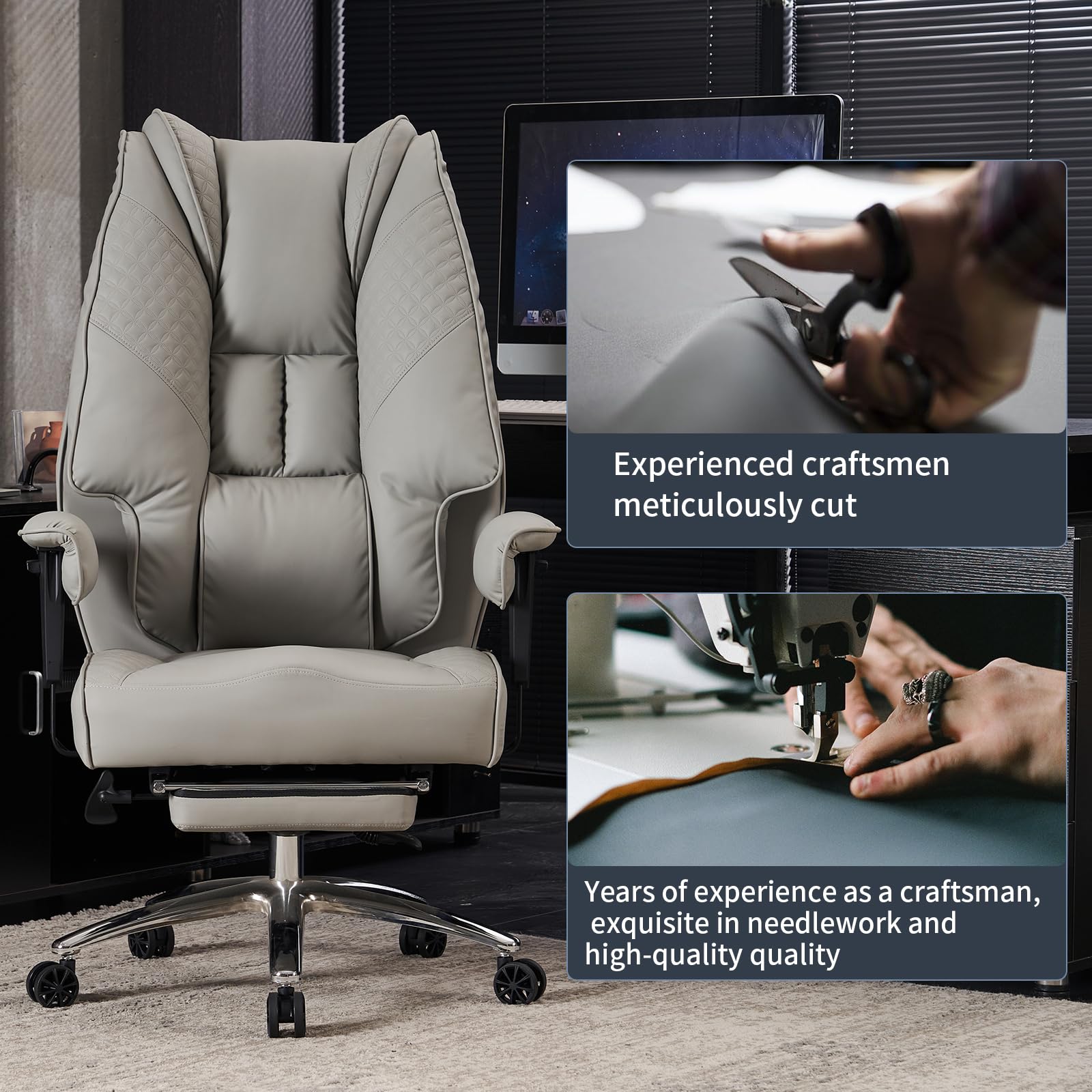 Big and Tall Office Chair 400lbs Capacity - Wide Seat Leather Executive Chair with Adjustable Footrest & Lumbar Support - Ergonomic High Back Desk Chair for Back Pain Relief - Light Grey - Perfect for Home Office, Gaming, and Professional Workspaces
