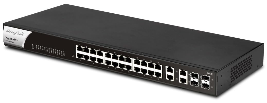 DrayTek VigorSwitch G1282 24-Port Gigabit Managed Network Switch with 4 SFP Uplink Ports, Rack Mountable, QoS, VLAN Support - Perfect for SOHO, Small Business & Office Networking Solutions