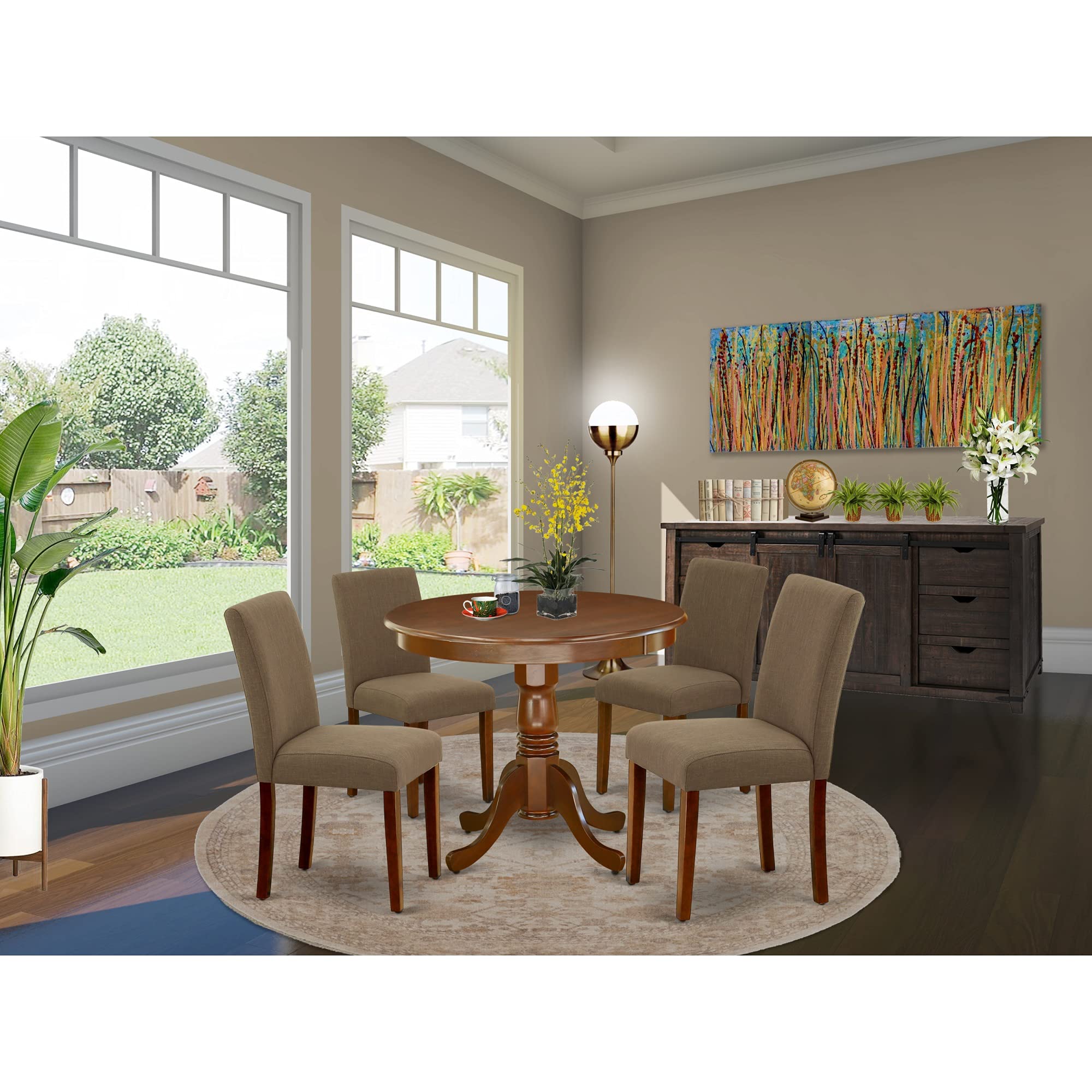 East West Furniture ANAB5-MAH-18 5-Piece Round Dining Table Set for 4 with Pedestal Base & 4 Upholstered Chairs - 36x36 Inch Mahogany Kitchen Table - Perfect for Small Spaces, Breakfast Nooks & Cozy Family Meals