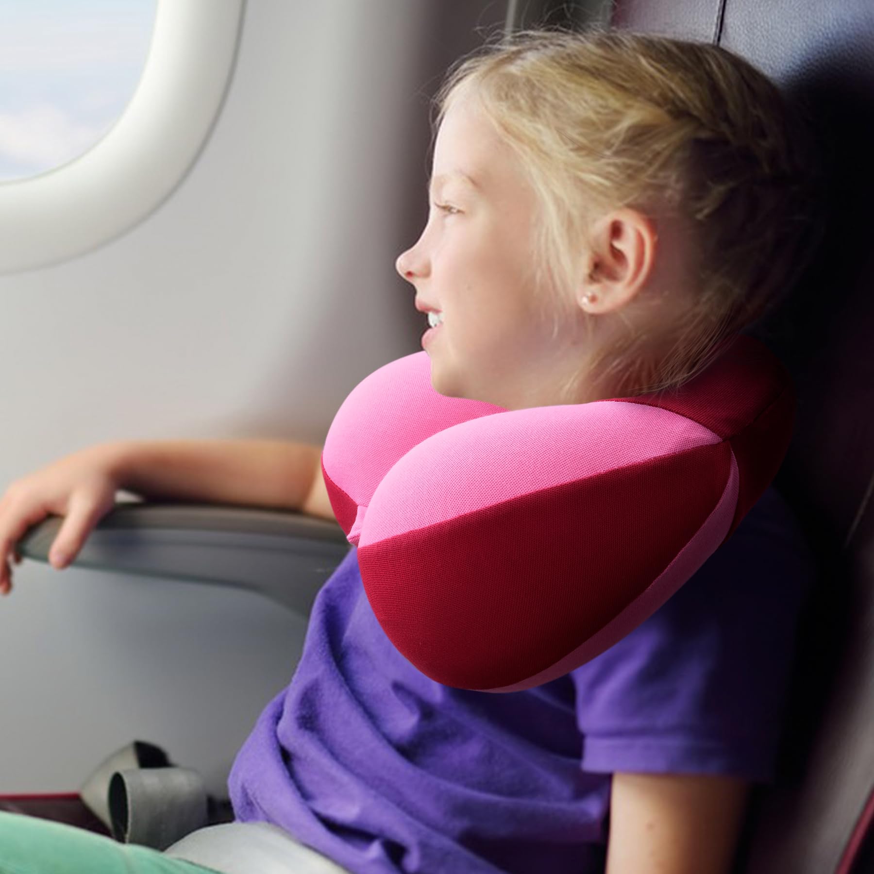 COOLBEBE Kids Travel Neck Pillow - Soft & Comfortable Headrest for Airplane, Car Rides - Perfect Travel Gift for Toddlers & Children (Raspberry Pink) - Ideal for Long Flights, Road Trips & Nap Time