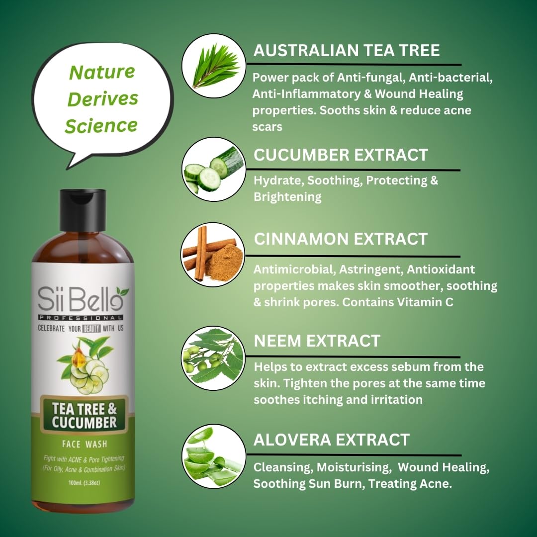 SII BELLO Tea Tree & Cucumber Face Wash for Oily & Acne-Prone Skin - Sulfate & Paraben Free Cleanser to Control Oil & Breakouts (100ml) - Perfect for Daily Skincare Routine & Acne Treatment