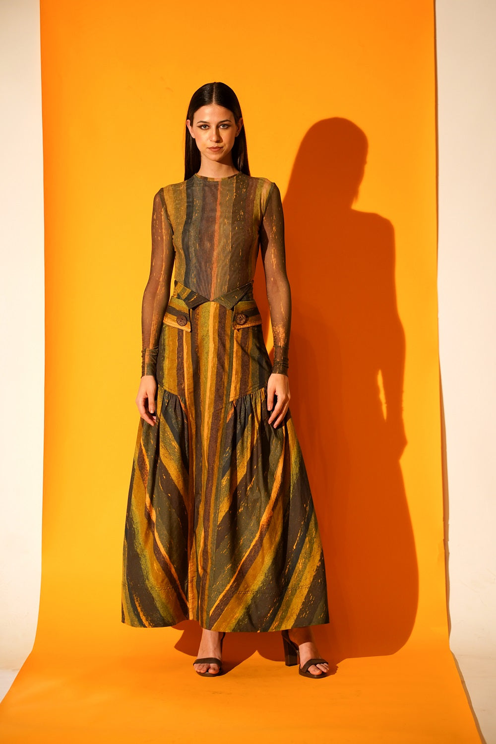 Green Stripe Print High Waisted Flowy Skirt for Women - Elegant A-Line Midi Skirt with Side Slits - Perfect for Office Wear, Date Night & Summer Outfits