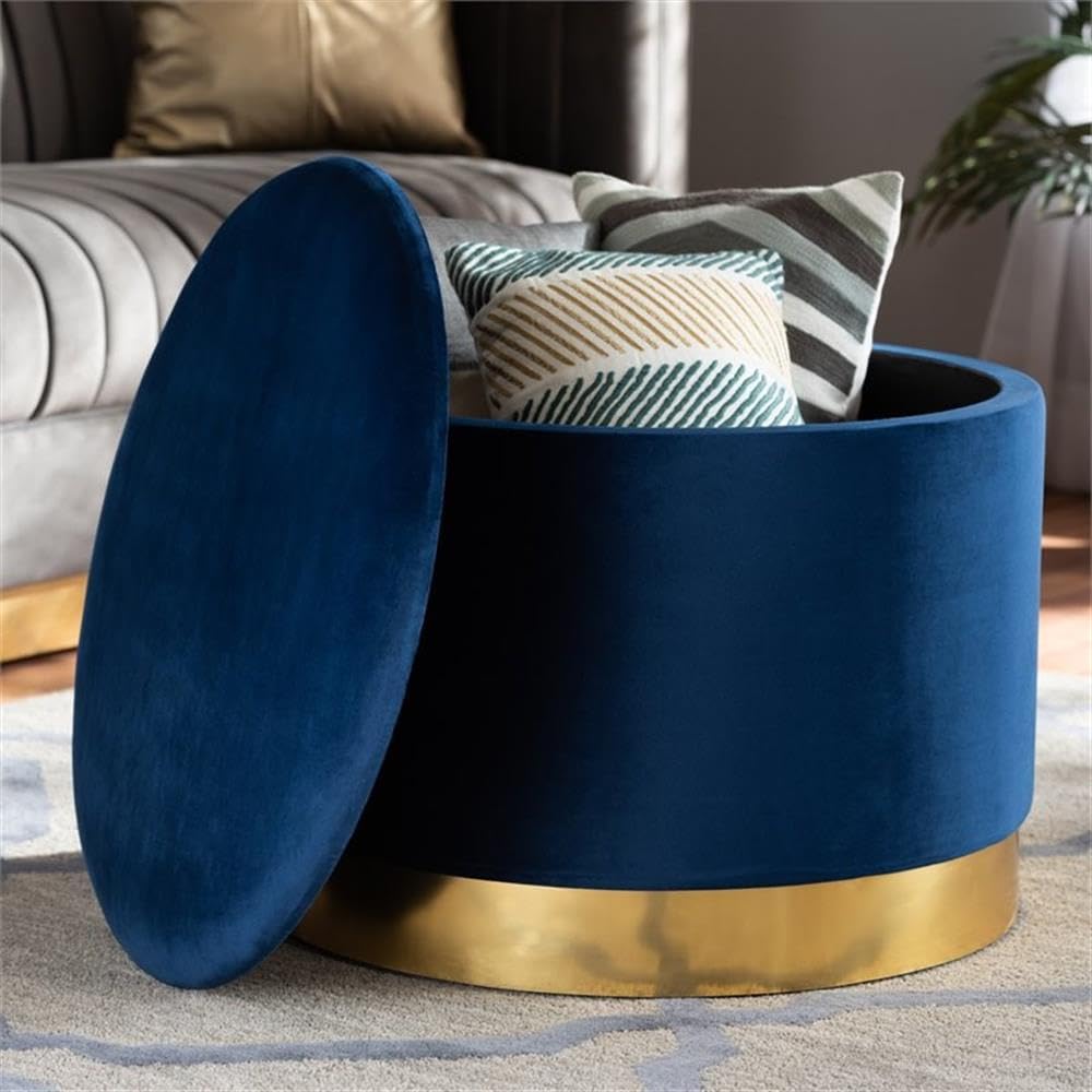 BOWERY HILL Navy Blue Velvet Upholstered Storage Ottoman with Gold Finish - Luxurious Footrest, Coffee Table & Extra Seating for Living Room, Bedroom or Office