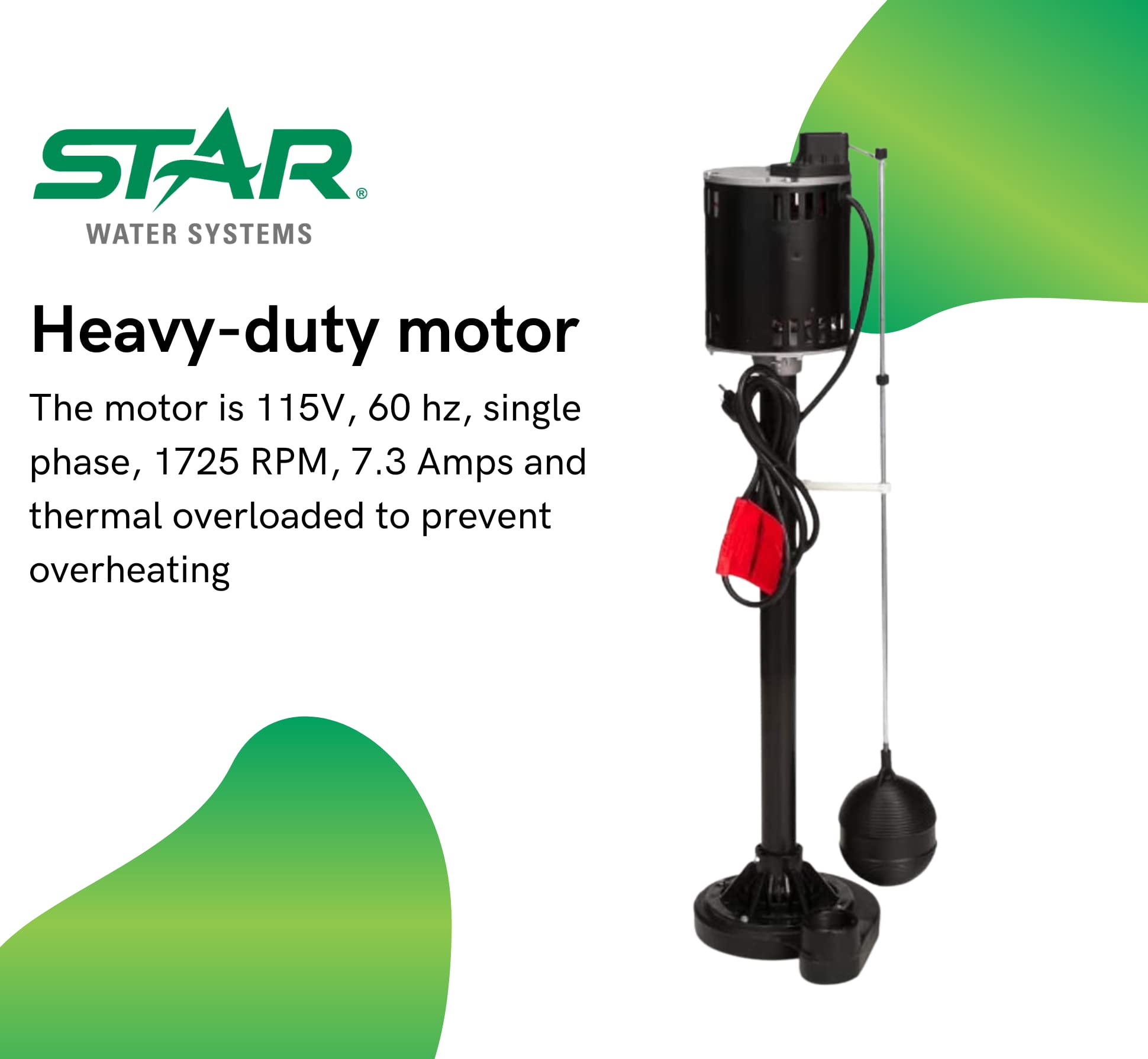 1/2 HP Cast Iron Pedestal Sump Pump with Adjustable Float Switch - 65 GPM, Low Profile Design for Basement & Crawl Space Water Removal - Heavy Duty Column Pump for Home Flood Prevention (7.3 Amps)
