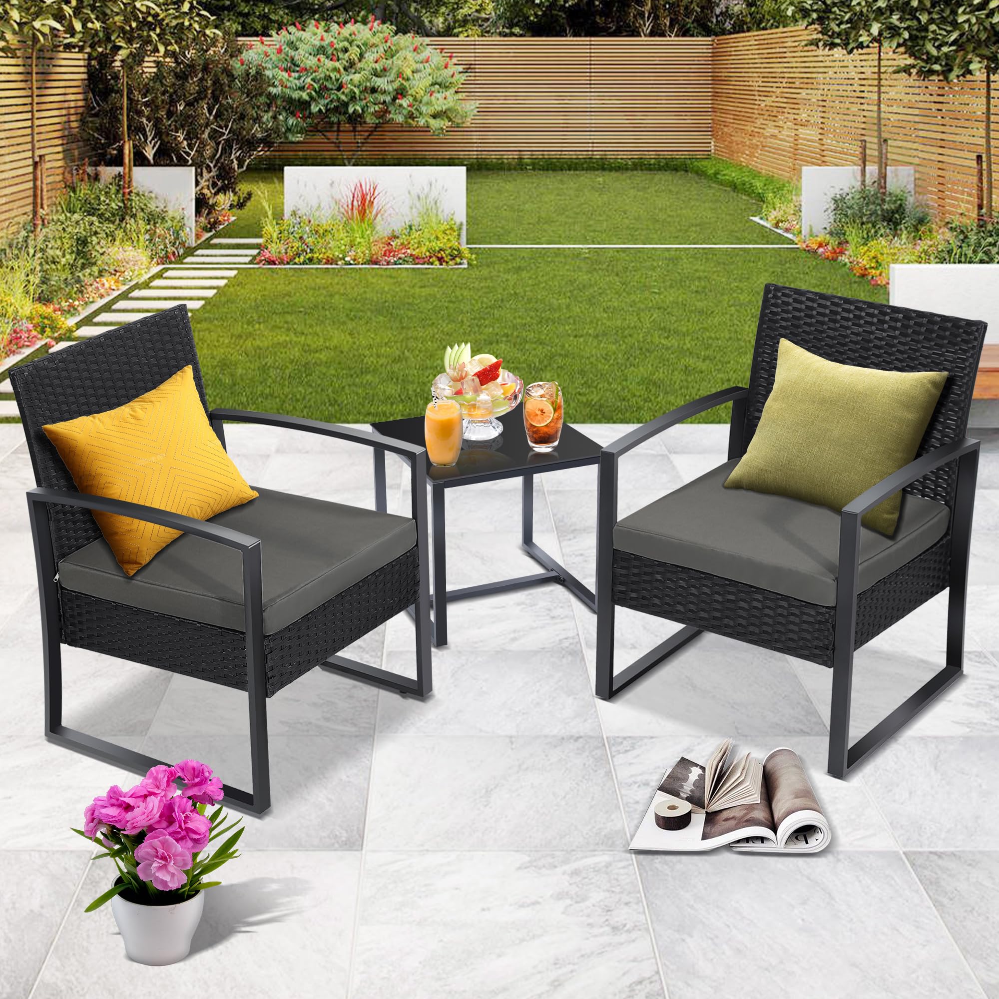 3-Piece Outdoor Wicker Bistro Set with Table & 2 Chairs - Black Frame & Gray Cushions for Patio, Porch, Balcony - Perfect for Relaxing, Entertaining & Outdoor Dining