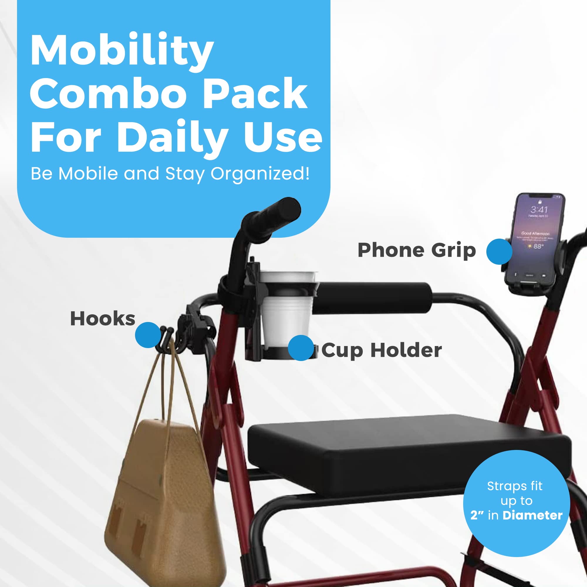 **Mobility Combo Pack - Adjustable Hook, Phone & Cup Holder for Walkers, Wheelchairs & Strollers - Easy Install Stretch Strap Fits 2