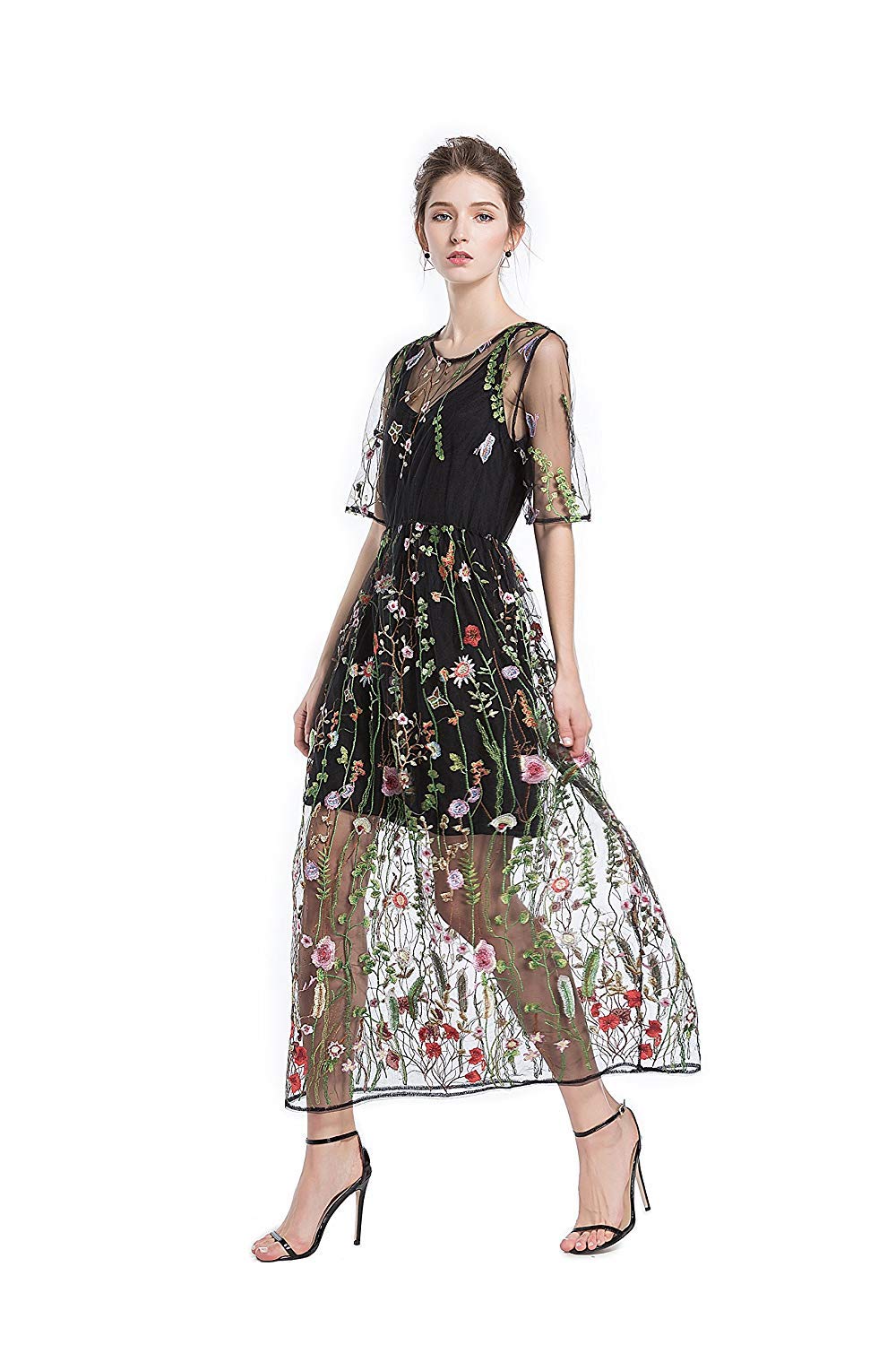 BaronHong Women's Floral Embroidered Tulle Prom Maxi Dress with Cami Dress 3/4 Sleeves - Elegant Evening Gown for Homecoming, Wedding, Party & Special Occasions