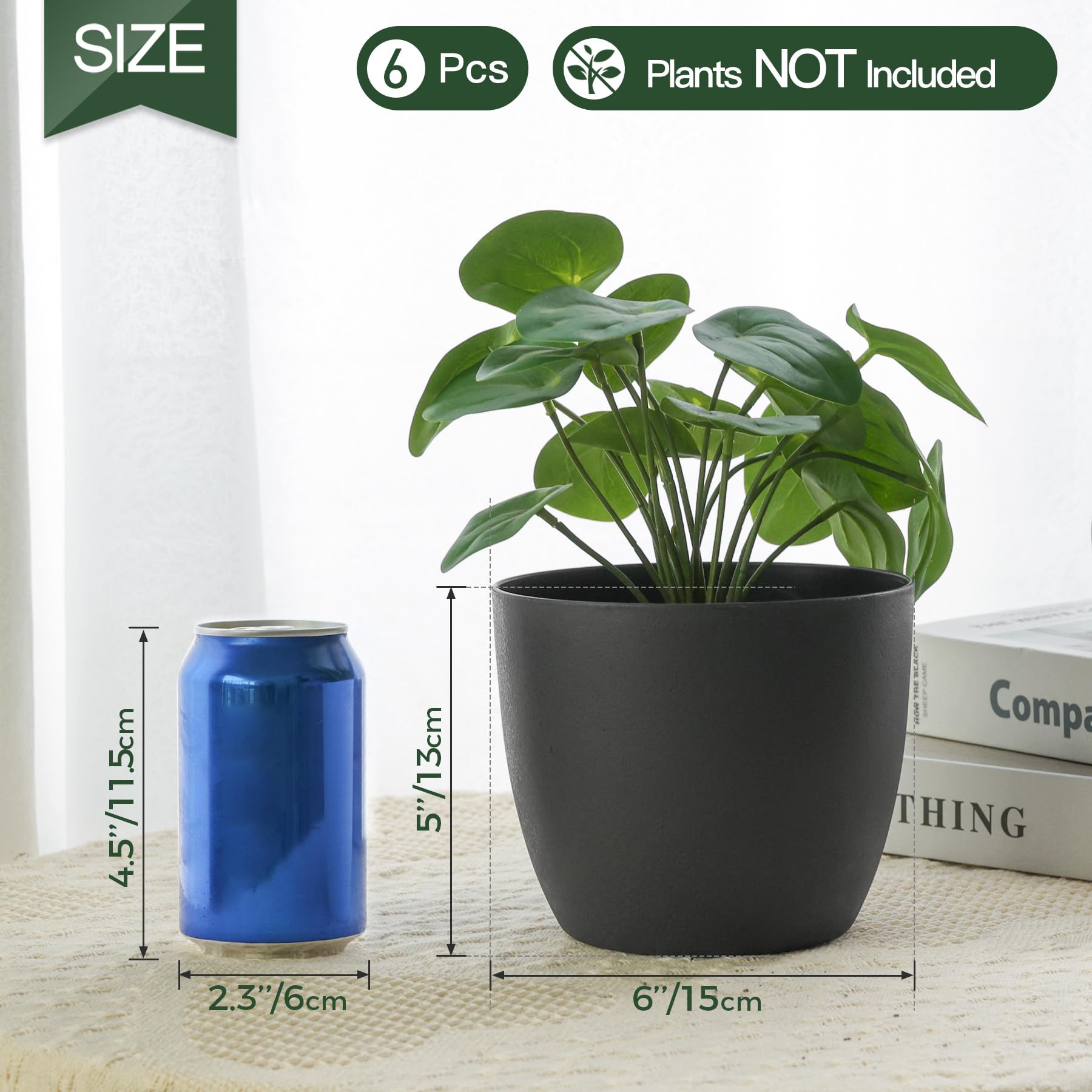 6 Inch Self Watering Planters - Set of 6 Modern Decorative Plastic Flower Pots for Indoor Plants, Herbs, Succulents & African Violets | Window Box Planter for Home, Office & Garden Decor (Black)