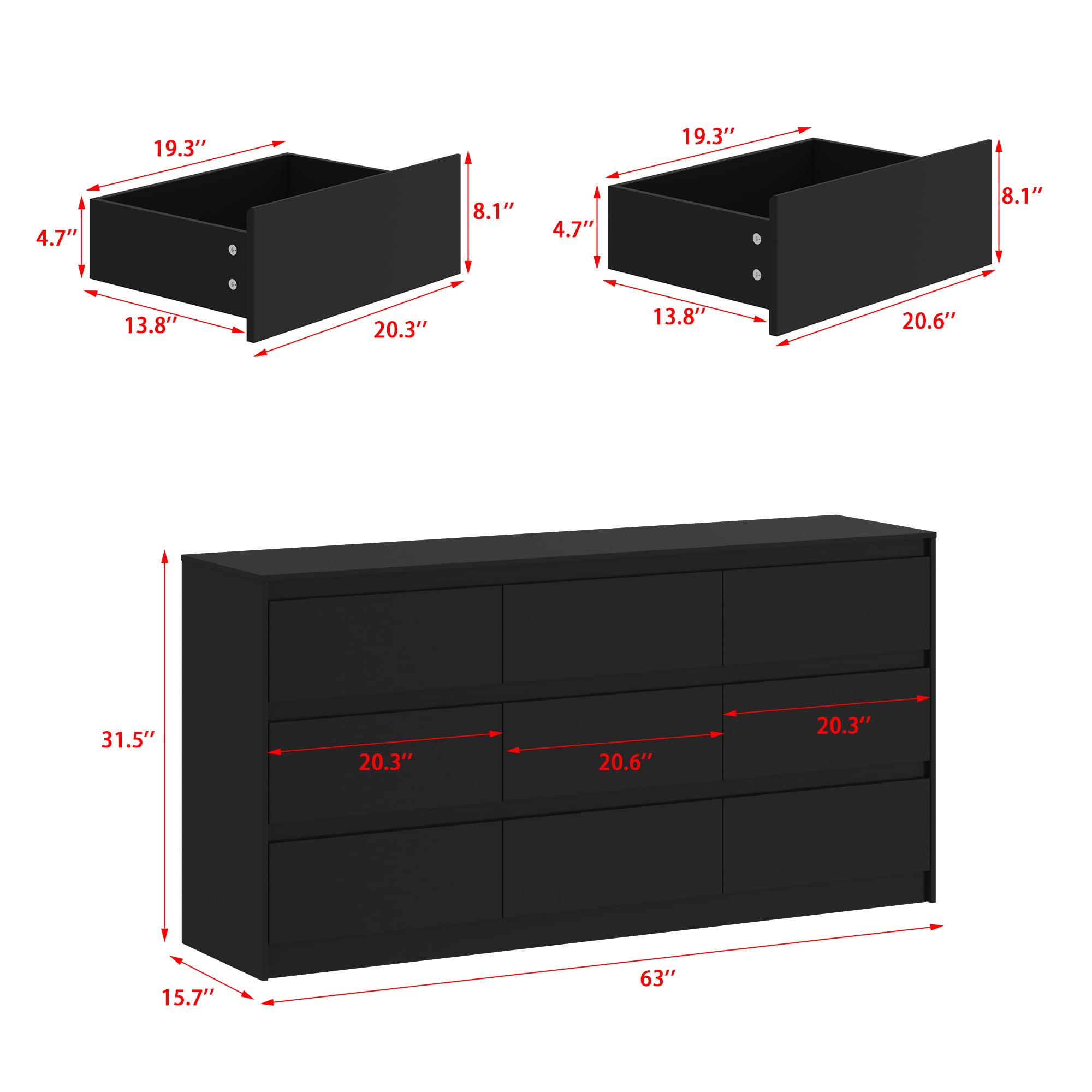 Hitow 9-Drawer Modern Dresser for Bedroom - Black Wood Chest of Drawers with Deep Storage, Handle-Free Design (63