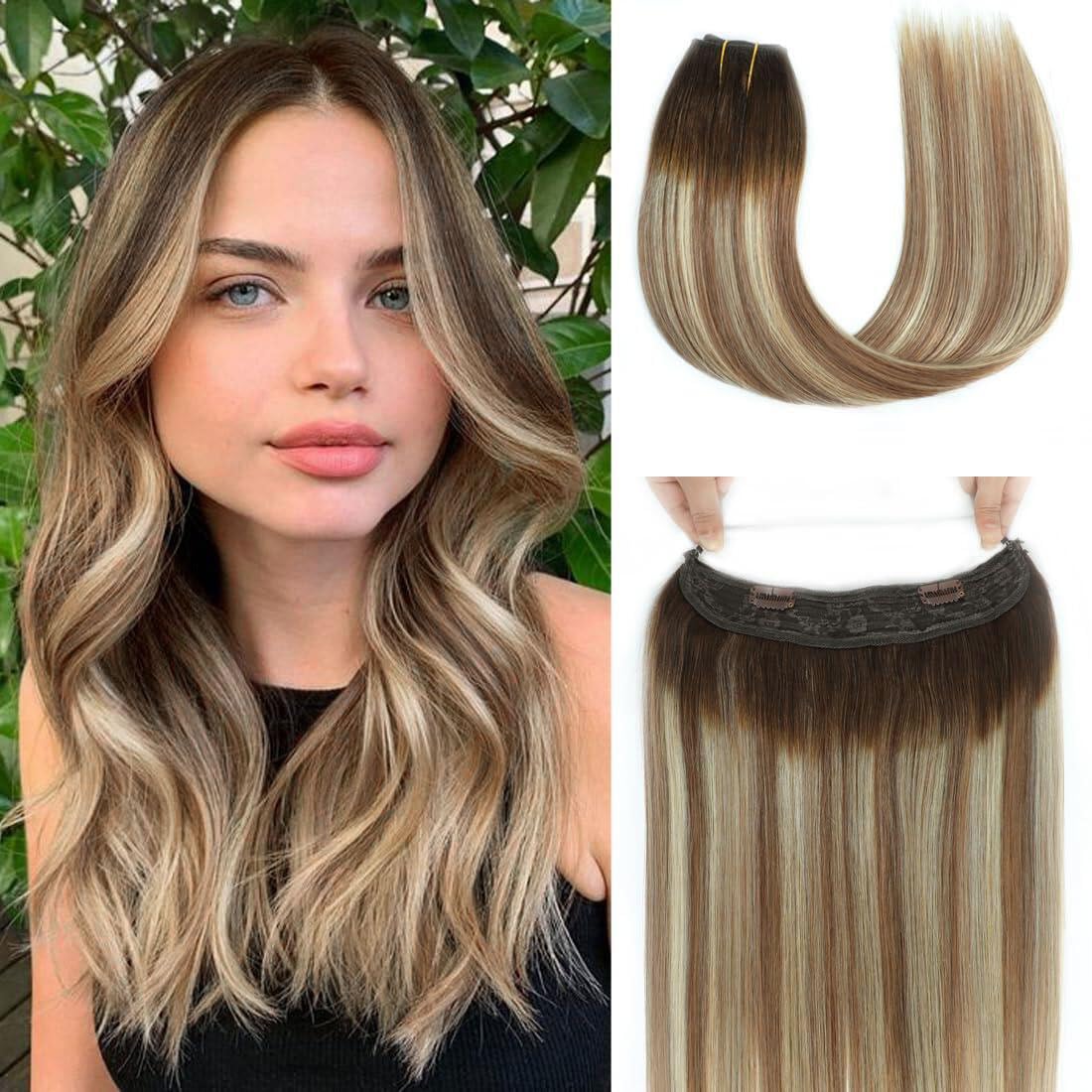 12 Inch Chocolate Brown to Light Brown Blonde Straight Real Human Hair Extensions with Invisible Fish Line Wire - Perfect for Daily Wear, Parties & Special Occasions
