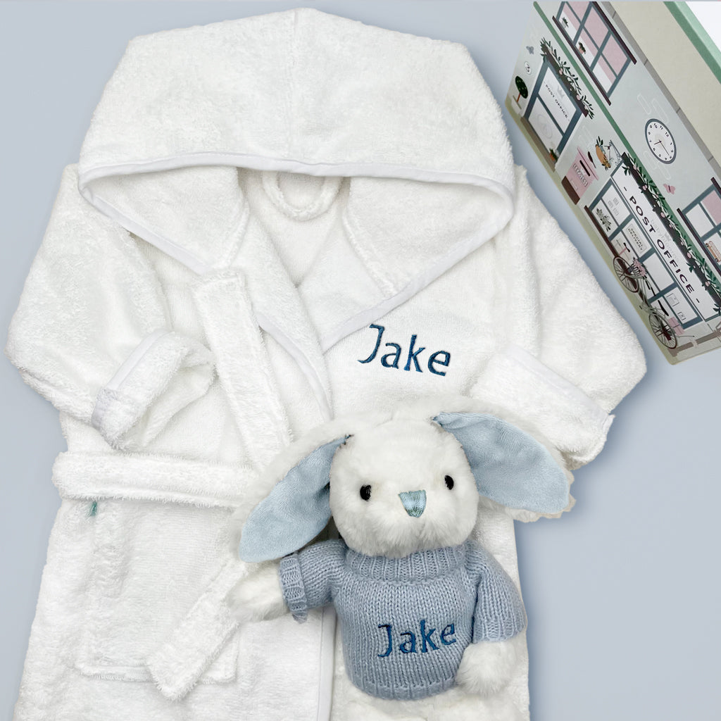 Personalized Little Bunny Bathrobe & Hamper Set for Baby Girls 1-2 Years - Soft Blue & White - Perfect for Bath Time, Nursery Decor & Gift Giving