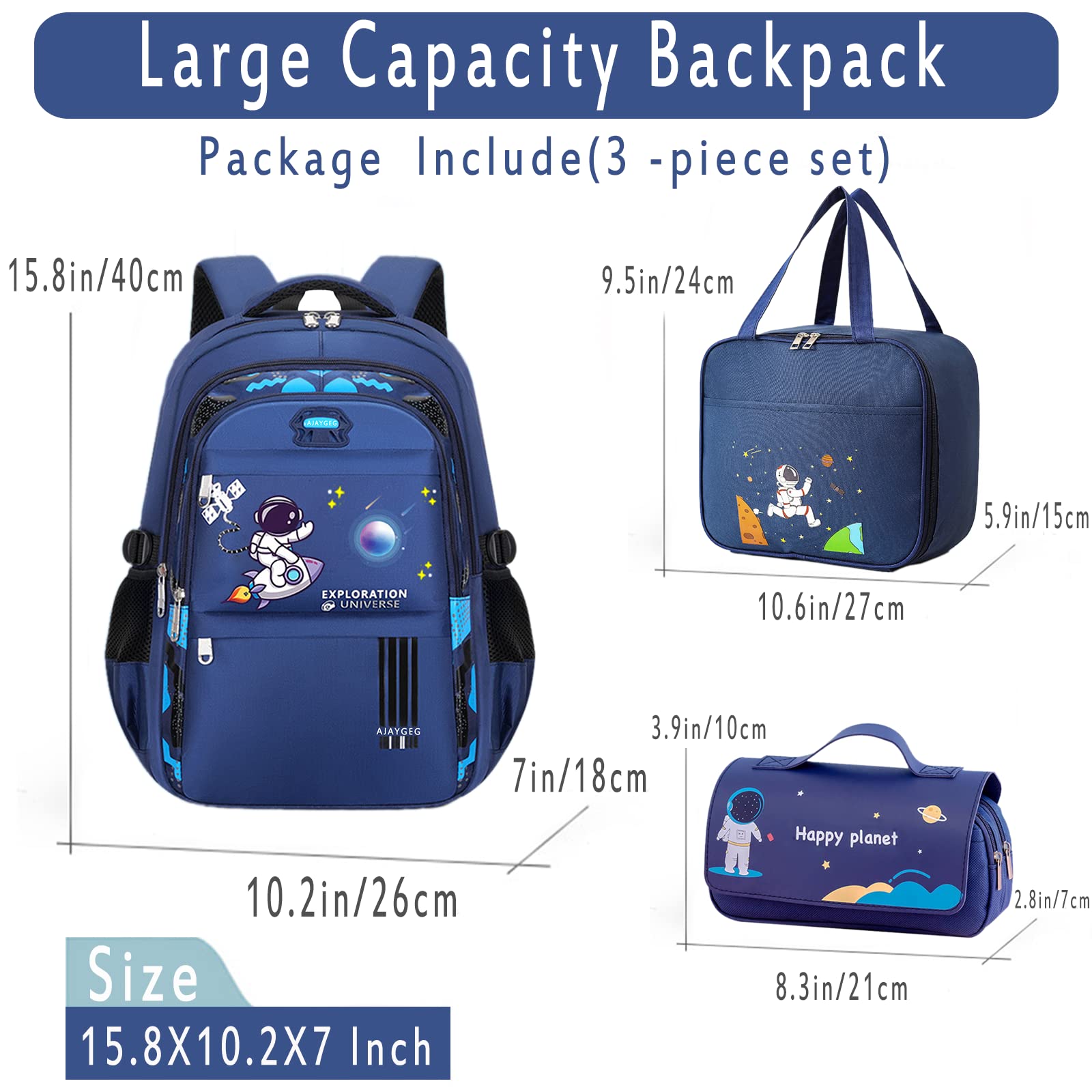 **Blue Kids Backpack Set - Waterproof Lightweight School Backpack for Boys with Lunch Bag & Pencil Case (3-Piece) - Perfect for School, Travel & Outdoor Adventures**