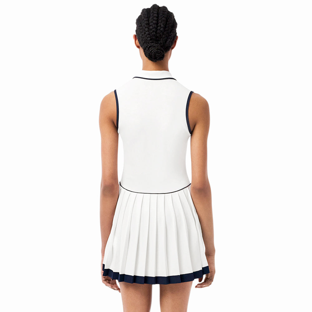 Lacoste Women's Heritage Ultra Dry Tennis Dress - White & Navy Blue | Moisture-Wicking Performance Dress for Tennis, Golf & Activewear