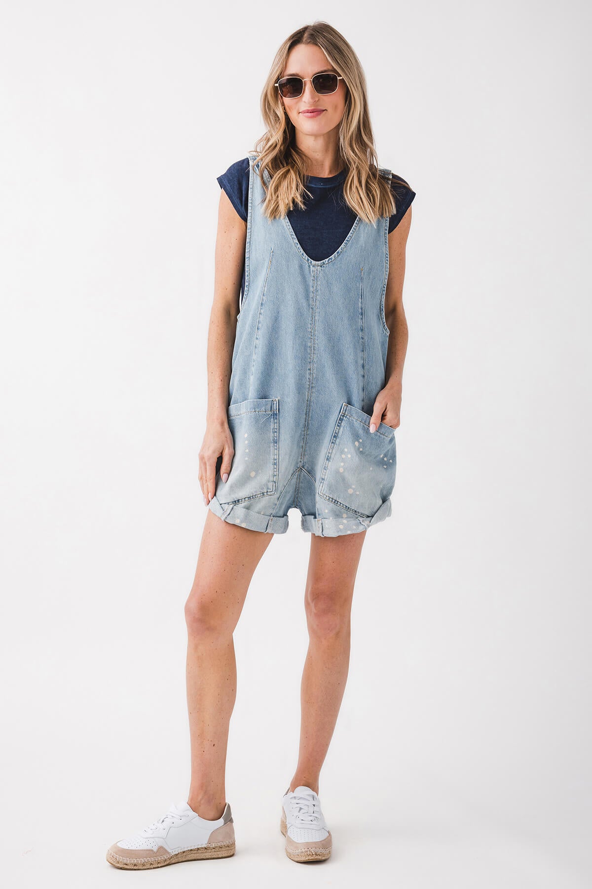 Free People High Roller Shortall - Women's Denim Overalls for Summer | Casual Outfit & Outdoor Activities