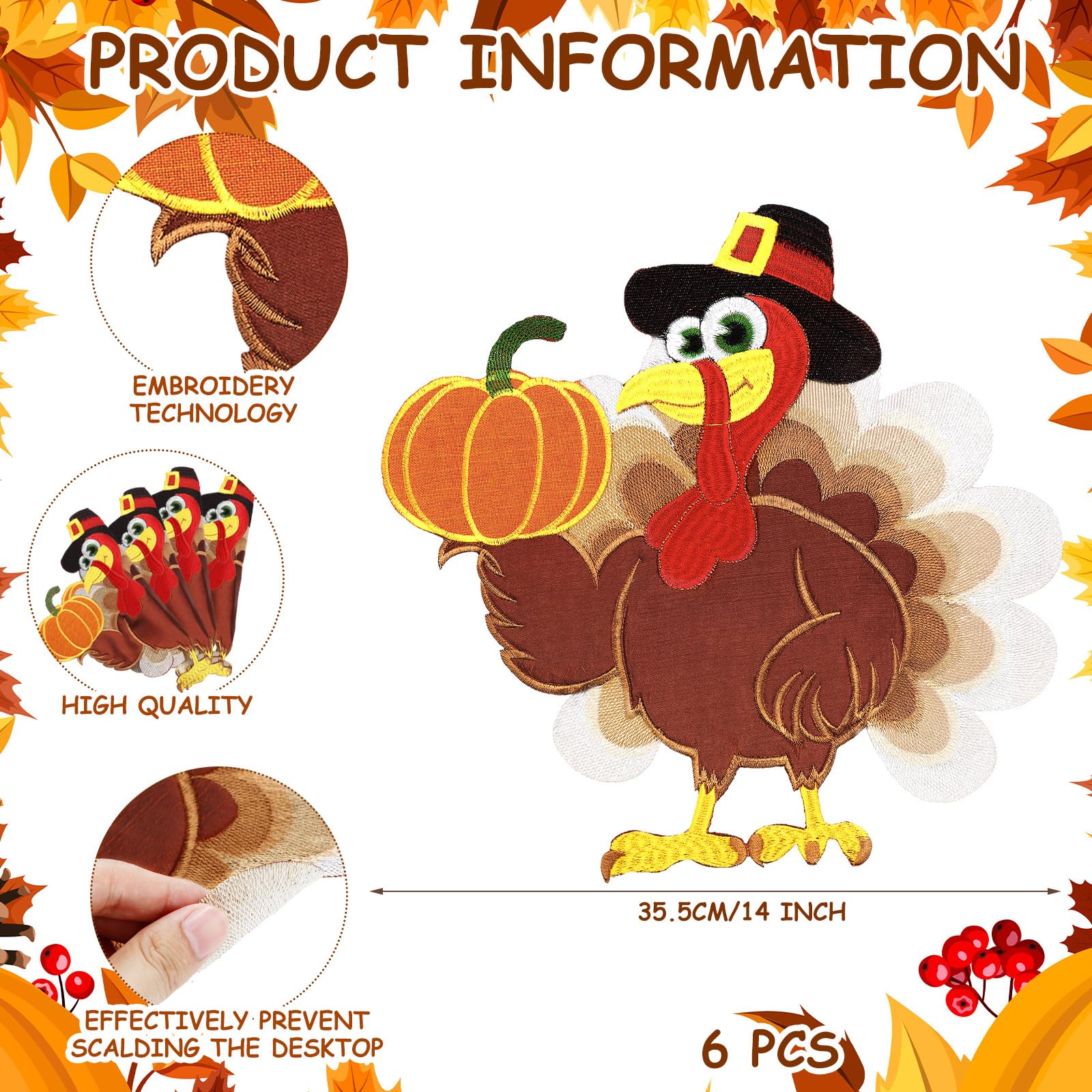 6-Piece Embroidered Turkey Placemats Set - 14x14 Inch Thanksgiving Table Decor for Home, Kitchen & Dining - Fall Harvest Autumn Decorations - Perfect for Holiday Gatherings & Seasonal Celebrations