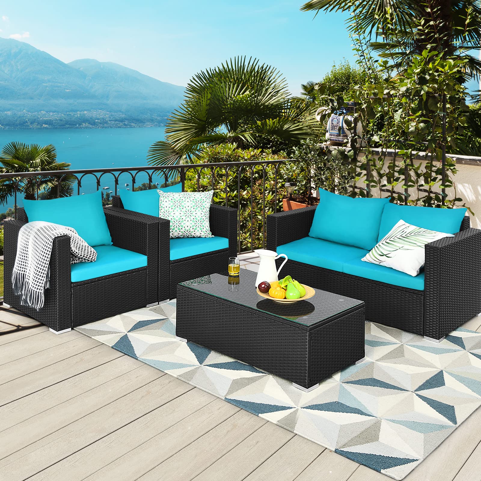 Tangkula 4-Piece Outdoor Patio Furniture Set - Rattan Wicker Sofa Sectional with Cushions & Tempered Glass Coffee Table - Turquoise Conversation Set for Garden, Backyard, Poolside & Courtyard Relaxation