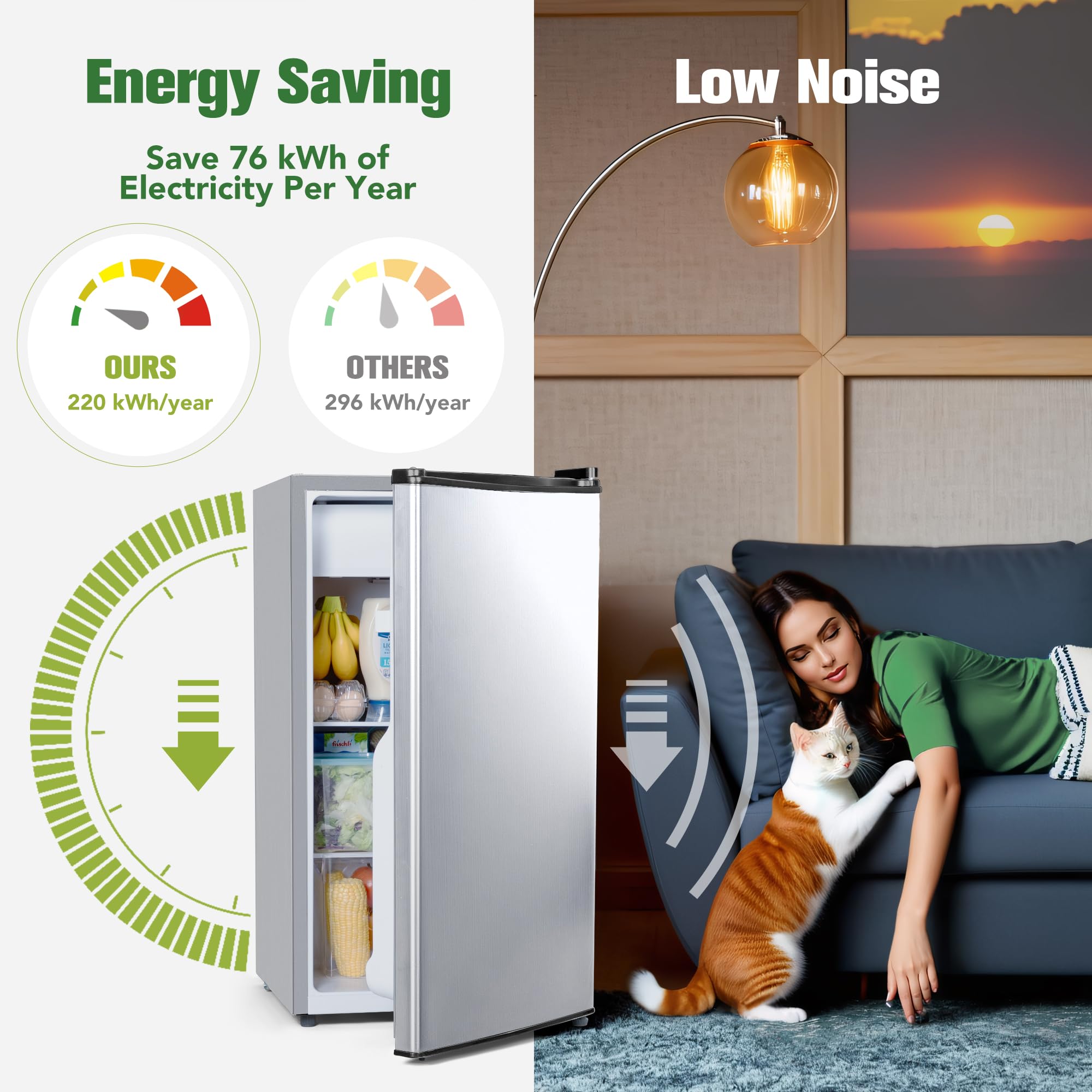 3.2 Cu.Ft Mini Fridge with Freezer - Energy Efficient, Low Noise Compact Refrigerator with Reversible Door - Perfect for Bedroom, Dorm, Office & Apartment (Brushed Silver) - Keep Drinks Cold & Snacks Fresh