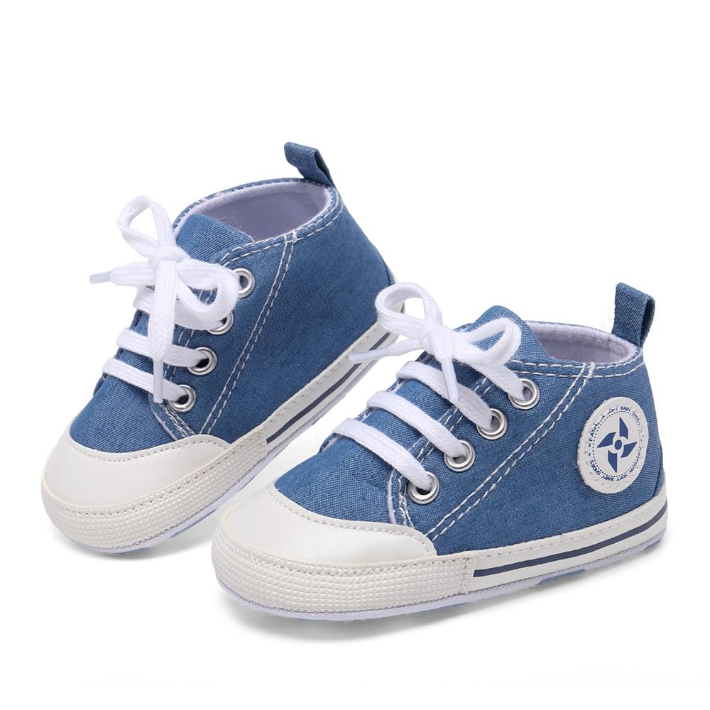 Baby Boys & Girls Star Print High Top Sneakers - Soft Anti-Slip Sole First Walkers Shoes for Newborn Infants | Denim Canvas Toddler Shoes for Playground & Daily Walking