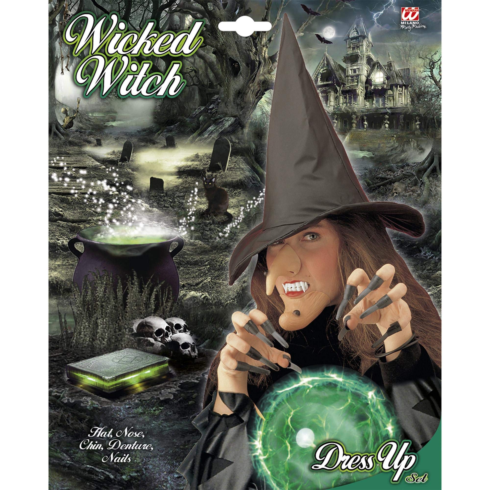 WITCH Halloween Costume Set - Hat, Nose, Chin, Denture & Nails - Perfect for Halloween Parties, Cosplay & Witch Themed Events