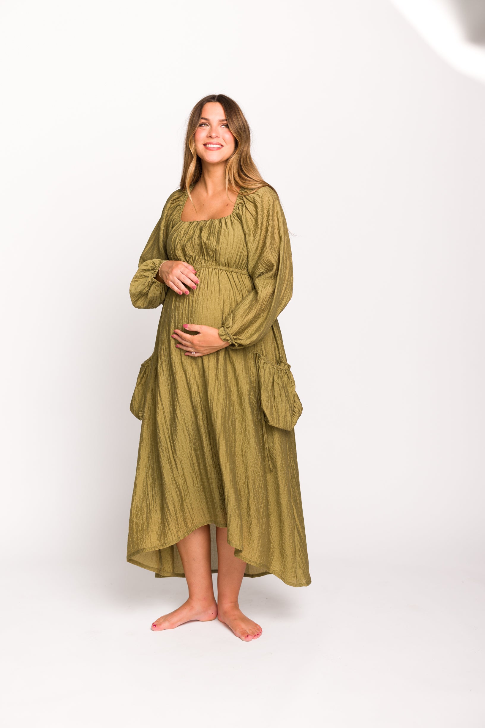 Ariana Women's Olive Long Sleeve Maxi Dress with Slouchy Pocket - Elegant Boho Style for Casual Wear, Date Night & Fall Fashion