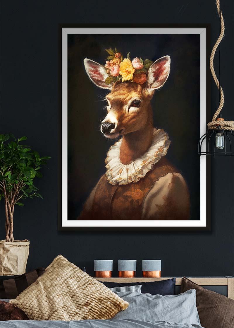Deer Lady Portrait Print - Elegant Wall Art Decor for Living Room, Bedroom & Office - Nature Inspired Home Decor