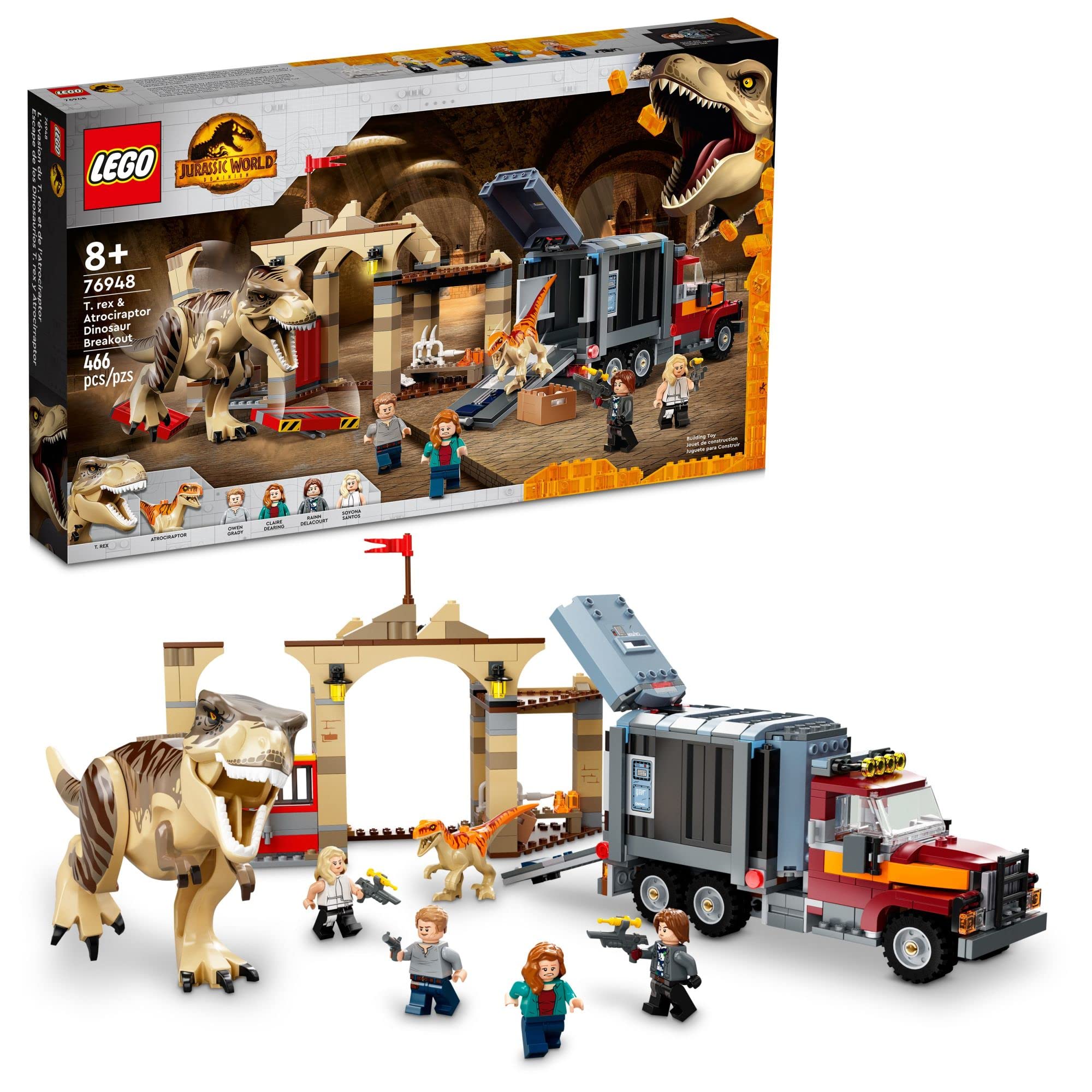 LEGO Jurassic World T. rex & Atrociraptor Dinosaur Breakout 76948 Building Kit - 4 Minifigures, Market Stall & Truck - 2022 Movie Inspired Dino Toy Set - Best Gift for Kids Ages 8+ | Creative Play, Birthday Present, STEM Learning Toy