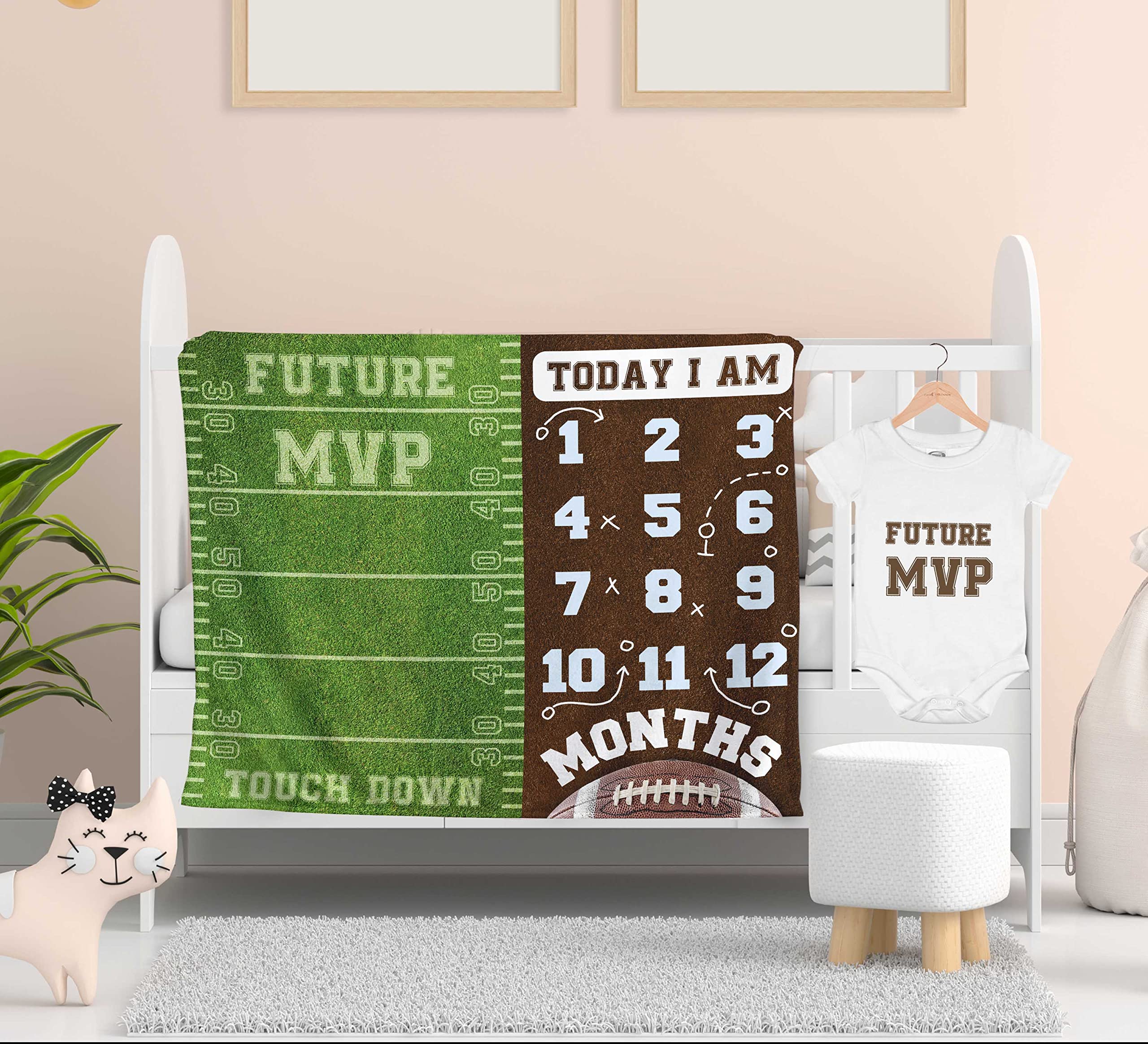 Personalized Baby Milestone Blanket with Custom Name - Football Themed Baby Grow Chart Blanket Set Includes Onesie & Bib - Perfect Newborn Gift for Baby Boy - Ideal for First Birthday, Photo Shoots & Nursery Decor