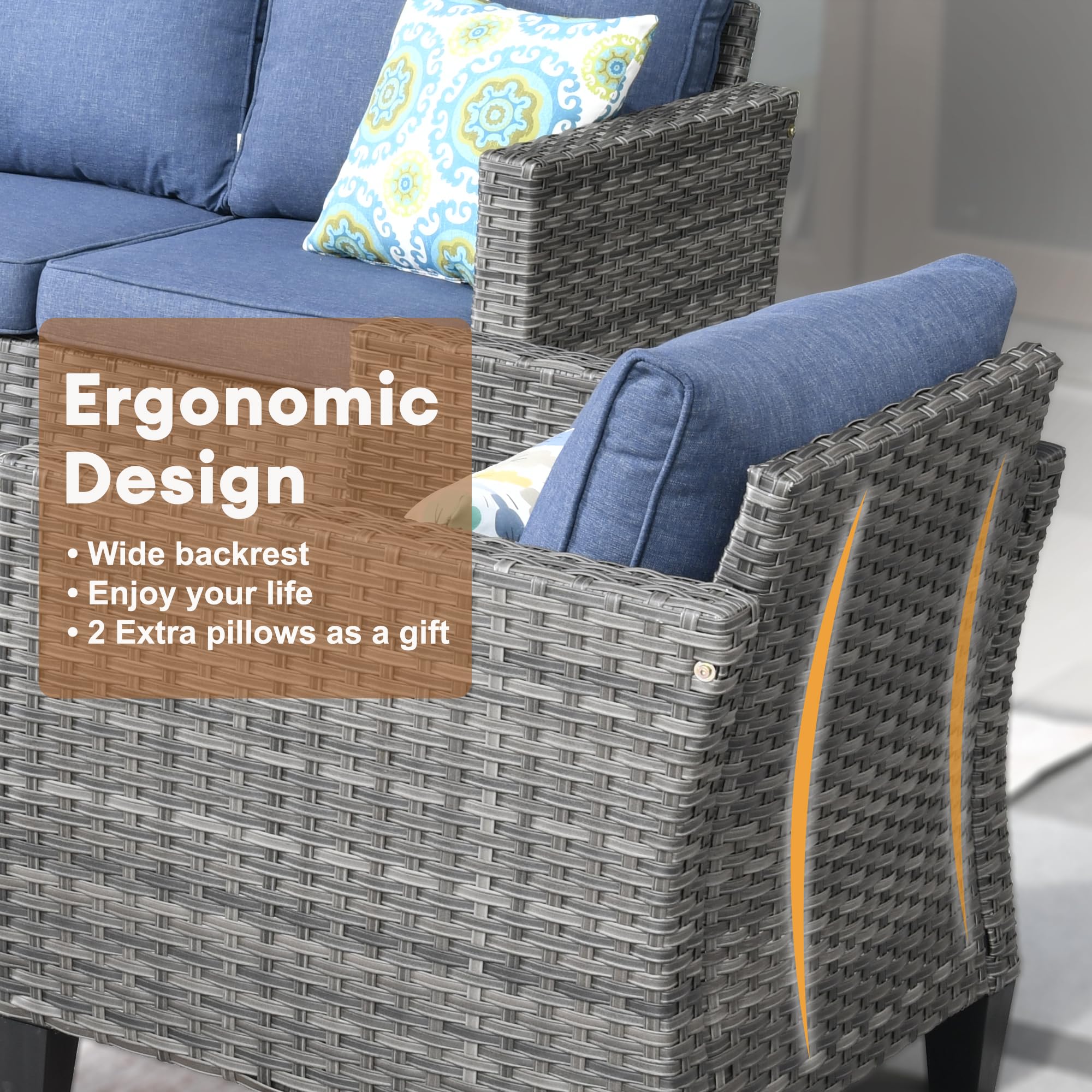 Outdoor Rattan Patio Furniture Set 5-Piece All-Weather Wicker Conversation Set with Sofa, Chairs & Ottomans - Grey & Denim Blue for Garden, Deck, Backyard | Perfect for Relaxing, Entertaining & Outdoor Dining