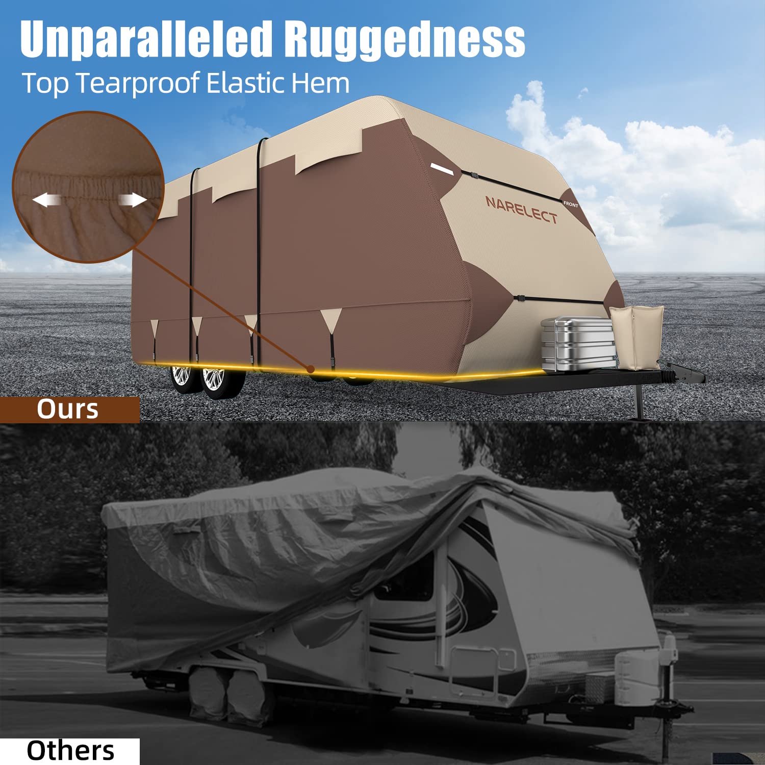 18'-20' RV Cover Travel Trailer Camper Cover - 7-Layer Windproof Waterproof Rip-Stop Fabric with Tongue Jack Cover & Gutter Protection | Includes Extra Windproof Ropes (Brown) | Perfect for Outdoor Storage & Winter Protection