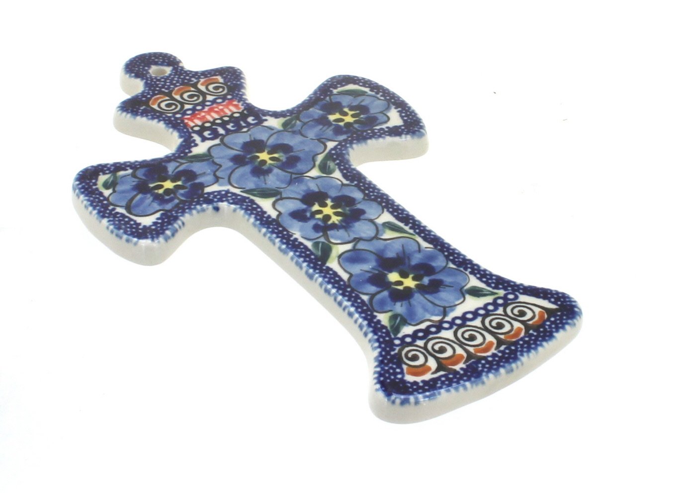 Handmade Blue Rose Polish Pottery Cross - Elegant Religious Home Decor for Wall, Gift & Wedding Ceremony