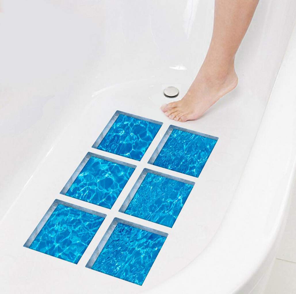 6PCS Blue Waterproof Non-Slip Bath Stickers - Self Adhesive Bathtub Decals for Tub, Pool & Shower Floor - Anti-Skid Safety Treads for Kids & Adults - Cool Summer Sea Series Design (Ideal for Bathroom, Spa & Swimming Pool Safety)