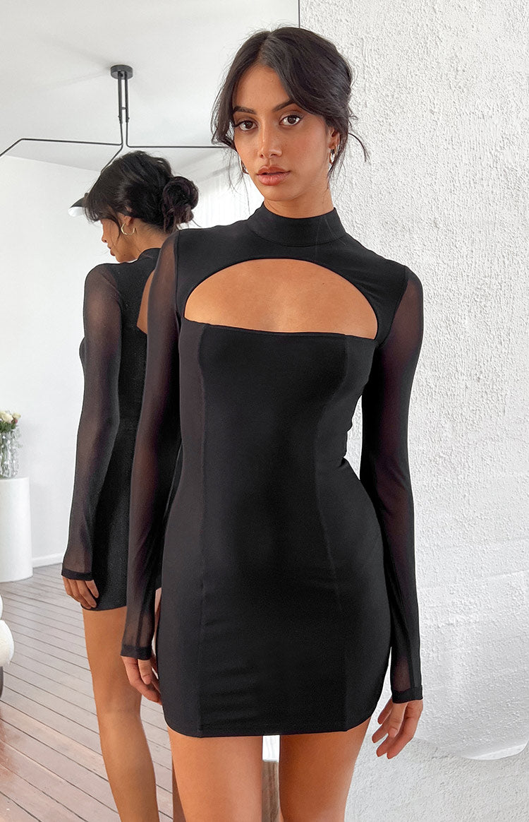 Aurora Black Mesh Long Sleeve Mini Dress for Women - Sexy Party Clubwear, Evening Cocktail Dress, Night Out Outfit