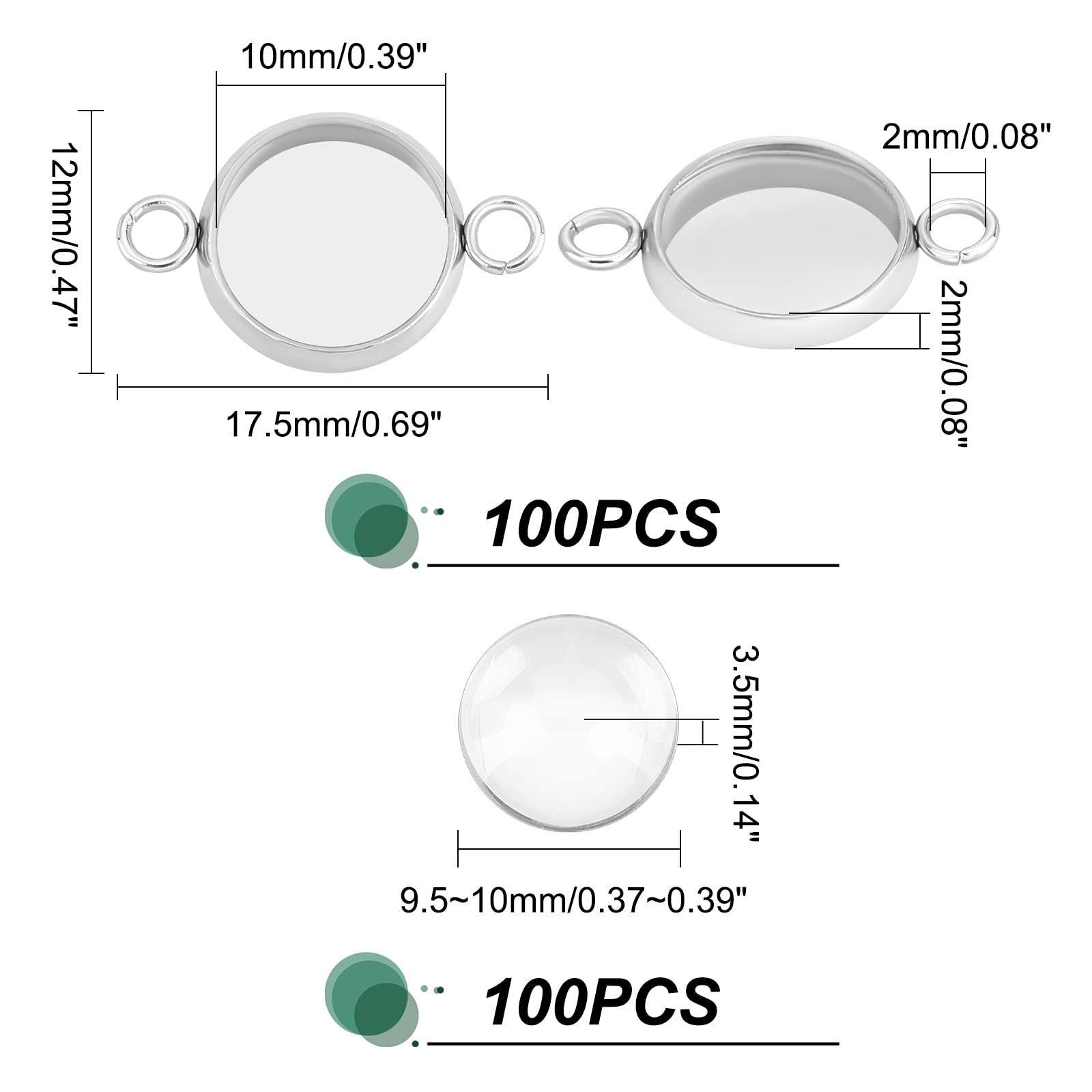 100pcs 12mm Stainless Steel Round Connectors with Clear Glass Cabochons - Jewelry Making Bezel Pendant Trays & Charm Links (19.5x14x2mm, 2mm Hole) - DIY Necklace, Bracelet & Earring Components - Perfect for Handmade Jewelry Crafting & Gift Making