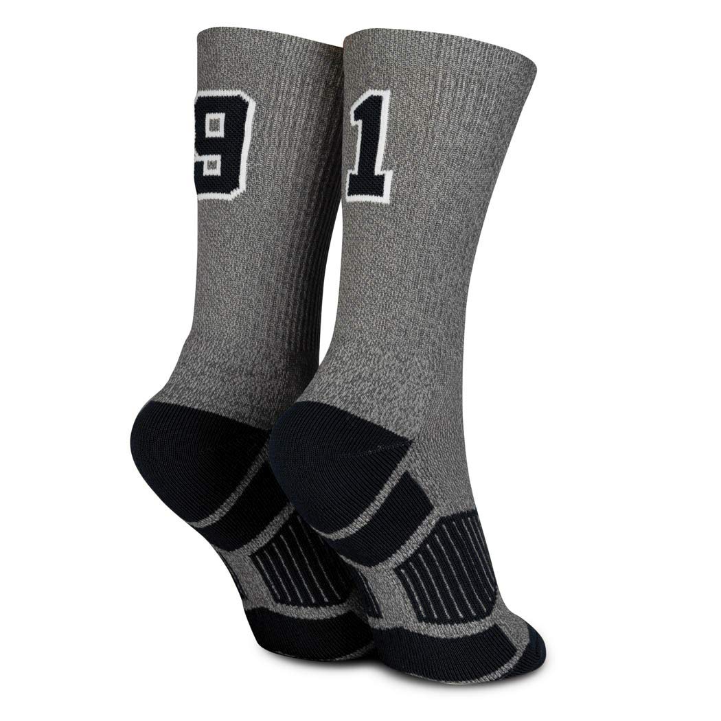 Custom Team Number Crew Socks for Sports - Athletic Gray & Black Socks with All Team Numbers | Perfect for Basketball, Soccer & Baseball Games, Team Uniforms & Fan Support