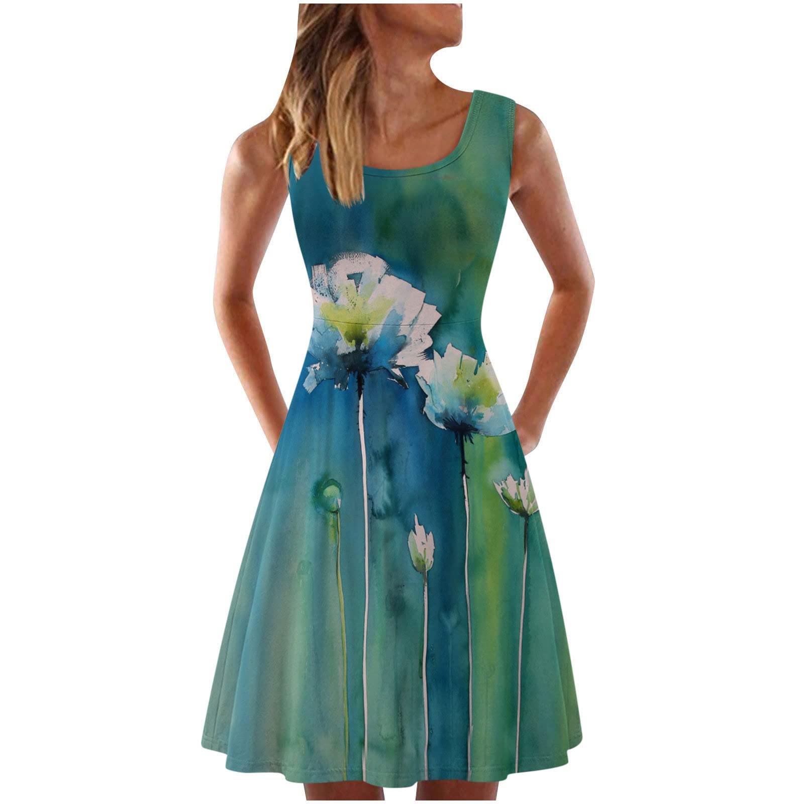 Women's Tie Dye Sleeveless Tank Dress - Crewneck Casual Summer Midi Dress for Beach, Vacation & Everyday Wear | Comfortable Short Tank Dress for Women
